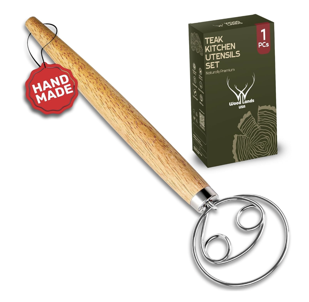 A 13-inch Danish dough whisk with a 304 stainless steel triple-loop hook and a long wooden handle, ideal for mixing heavy brioche and sourdough at M7 Trading Post.
