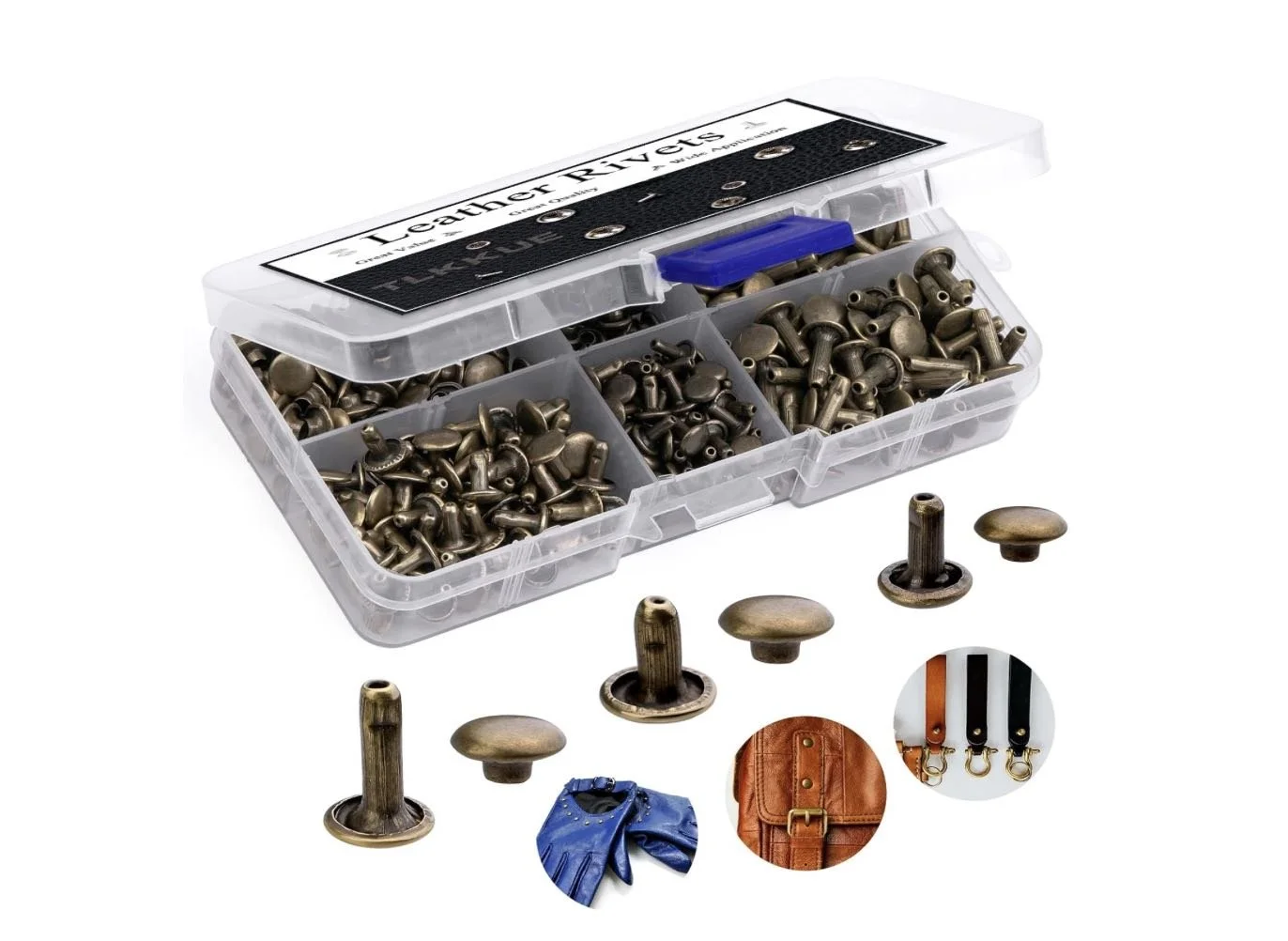 A 240-set assortment of bronze double cap leather rivets in three different sizes, including setting tools for DIY leather repair and decoration.
