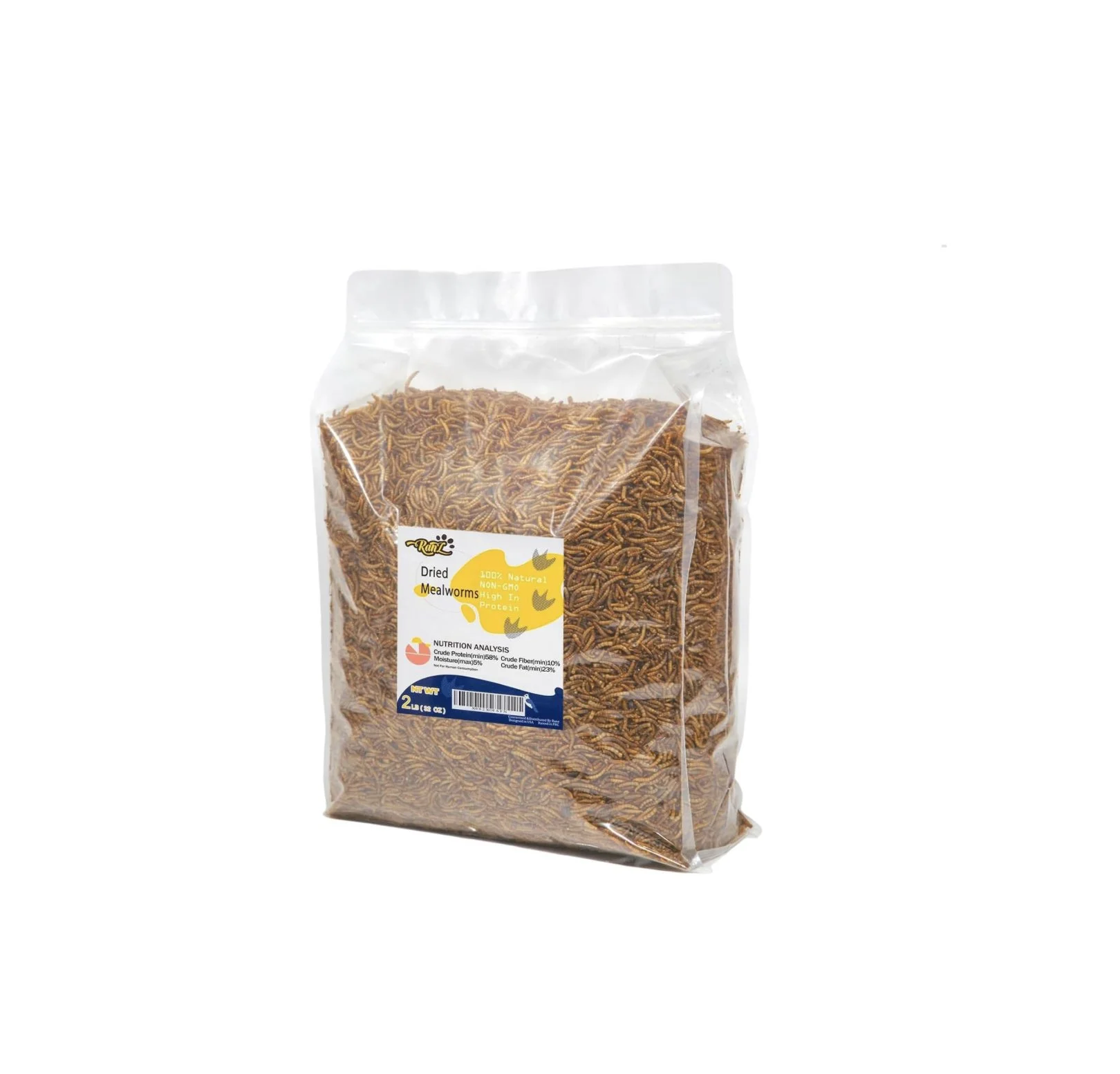 A 2lb bag of high-protein Non-GMO dried mealworms used as a premium treat for ducks and chickens at M7 Trading Post.