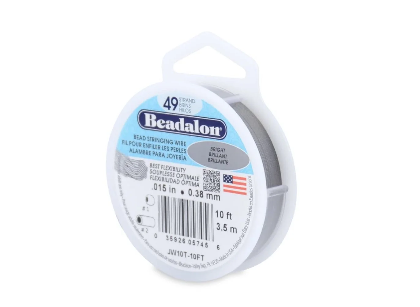 A 10-foot spool of 0.38mm (0.015 inch) Bright Beadalon 49-strand stainless steel bead stringing wire for professional jewelry making.