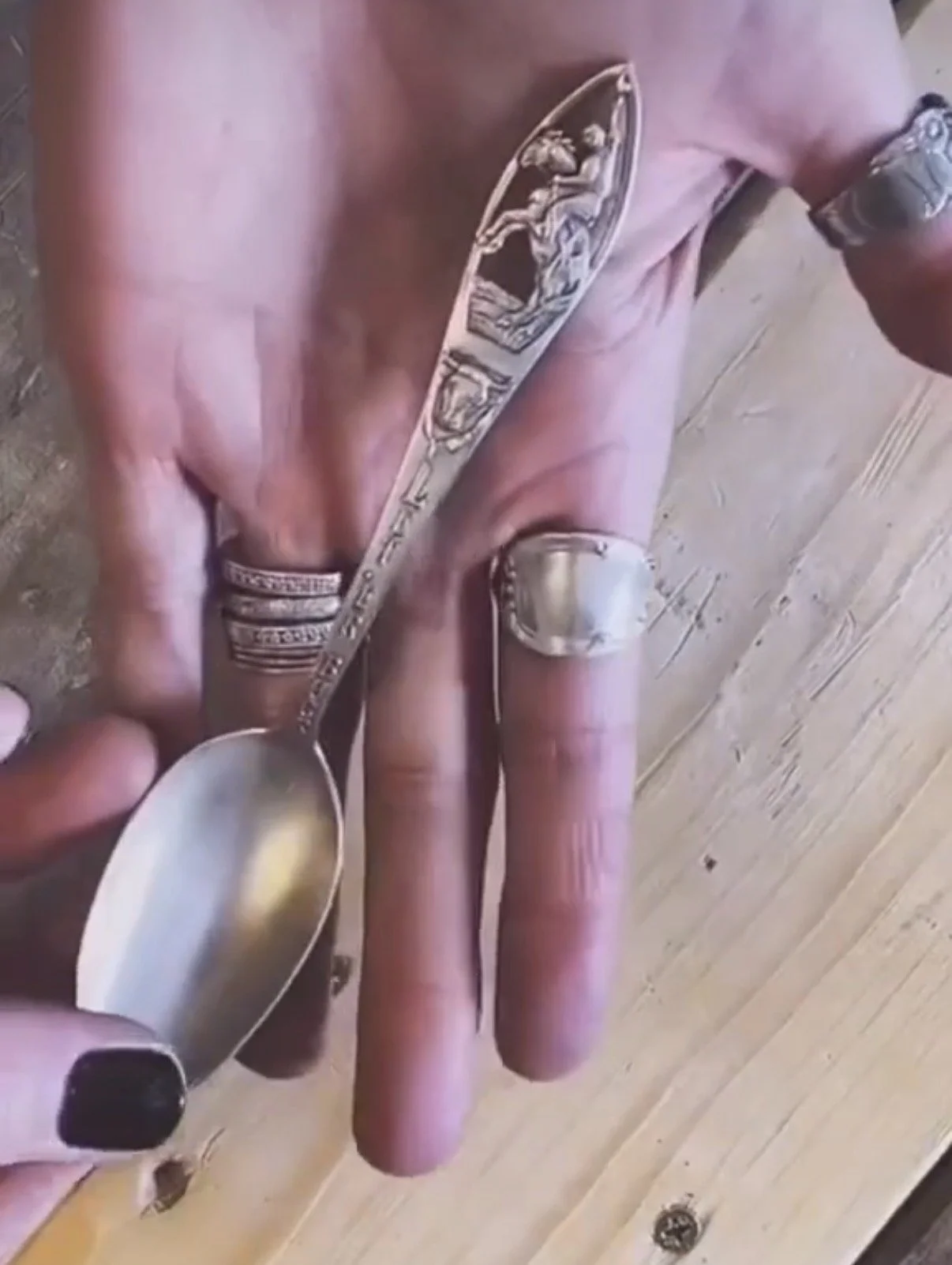Artisan jewelry process at M7 Trading Post: Selecting a vintage sterling silver spoon to be upcycled and hand-forged into a custom spoon ring.