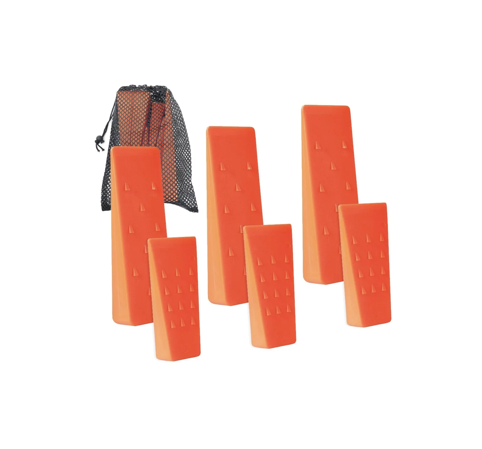 M7 Trading Post recommended 6-pack of 8-inch and 5.5-inch spiked tree felling wedges with a storage bag for safe logging and woodcutting.