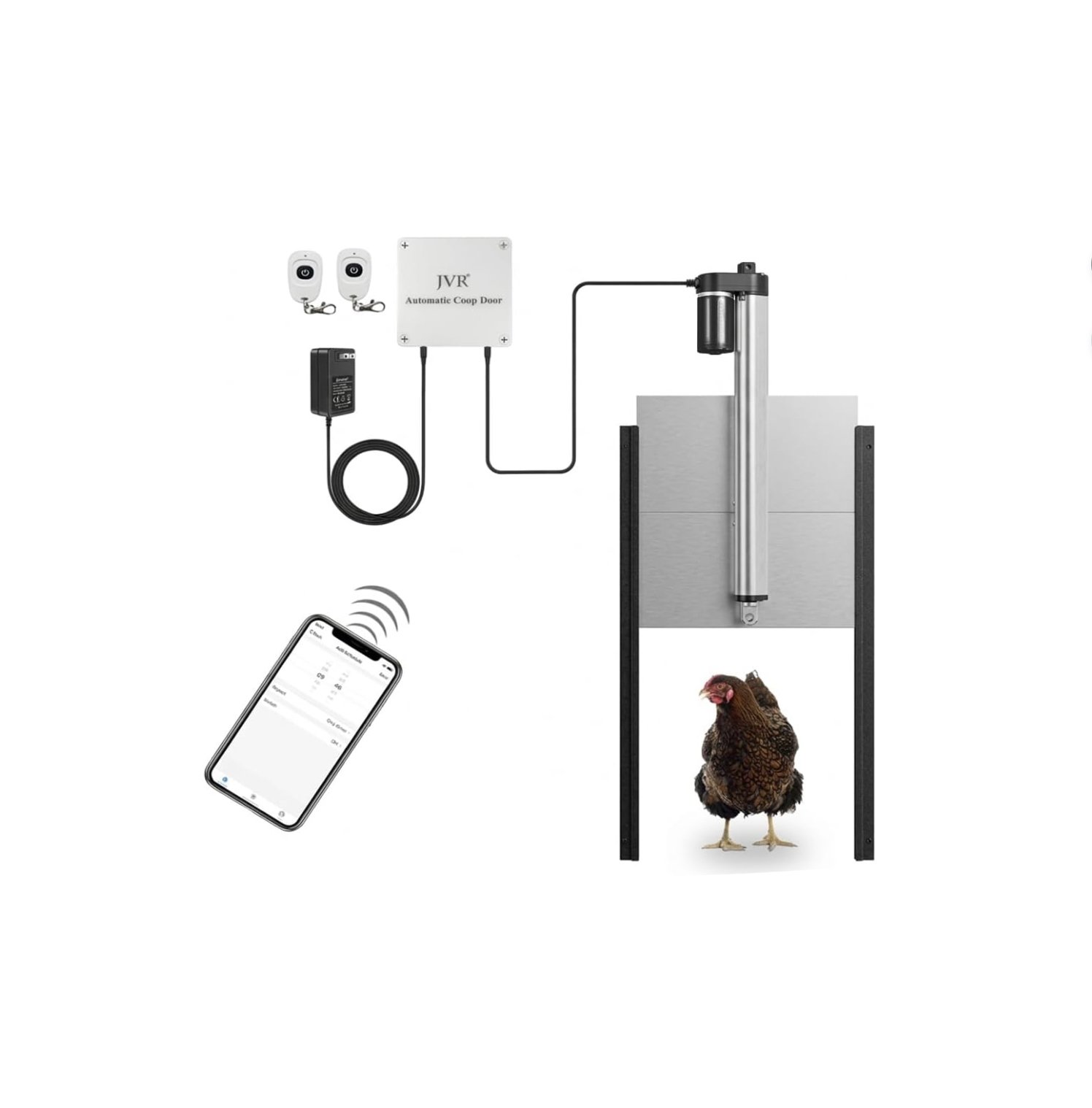 M7 Trading Post recommended JVR WiFi automatic chicken coop door with smartphone app control, sunrise sunset automation, and anti-pinch safety sensor.