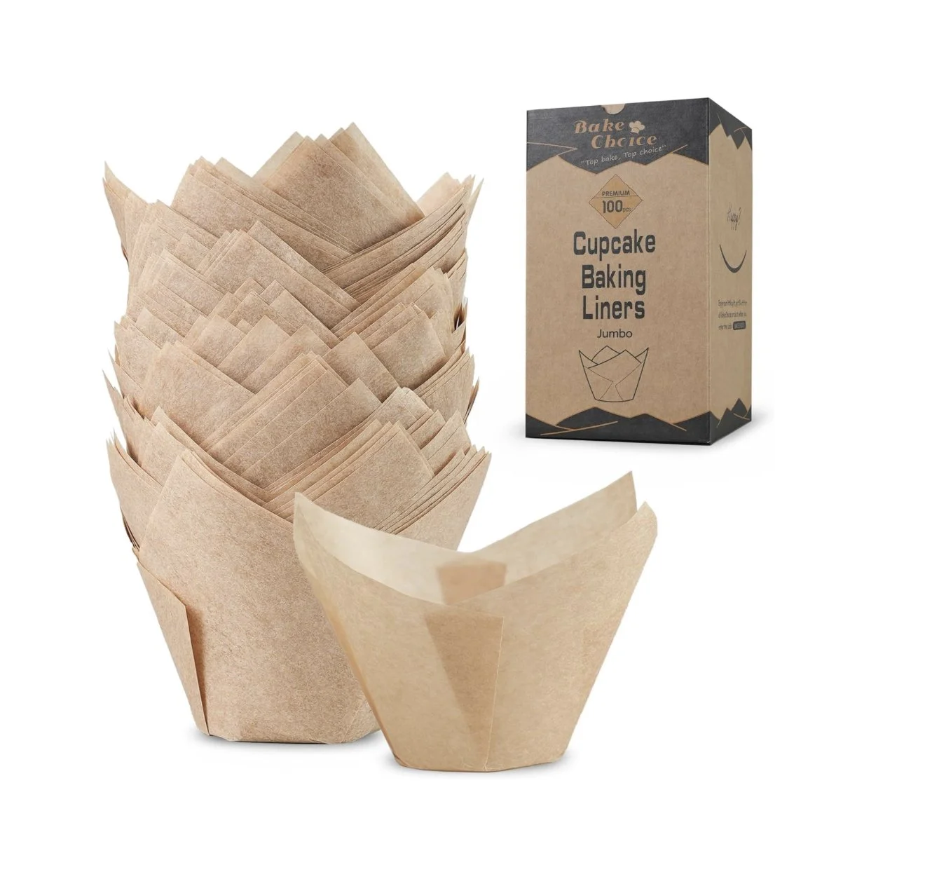 M7 Trading Post recommended Bake Choice 100-count natural jumbo tulip cupcake liners for professional bakery presentation.