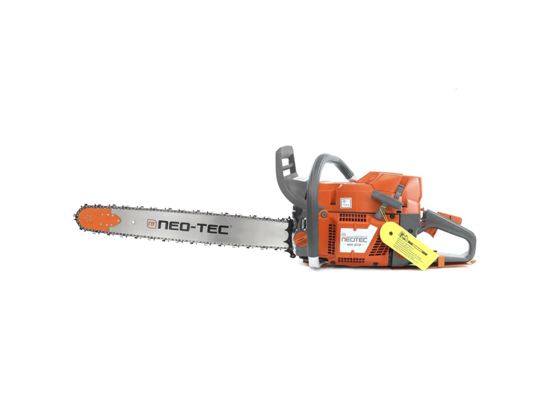 A NEO-TEC NH872 professional gas-powered chainsaw with a 71cc engine and a 28-inch guide bar, designed for heavy-duty forestry and ranch work."