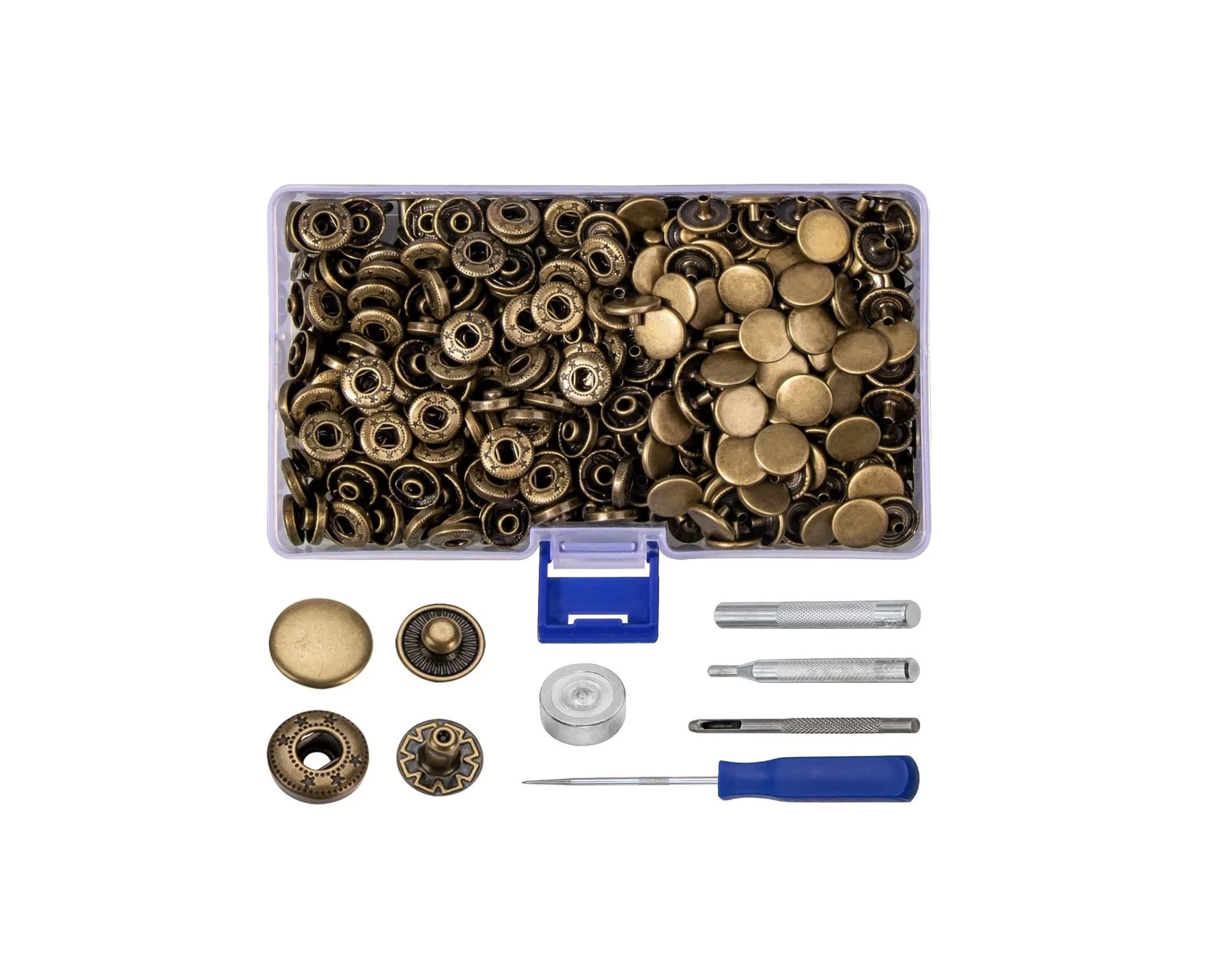 A 120-set kit of 12.5mm bronze snap fasteners including installation tools for leather work, bags, and clothing.