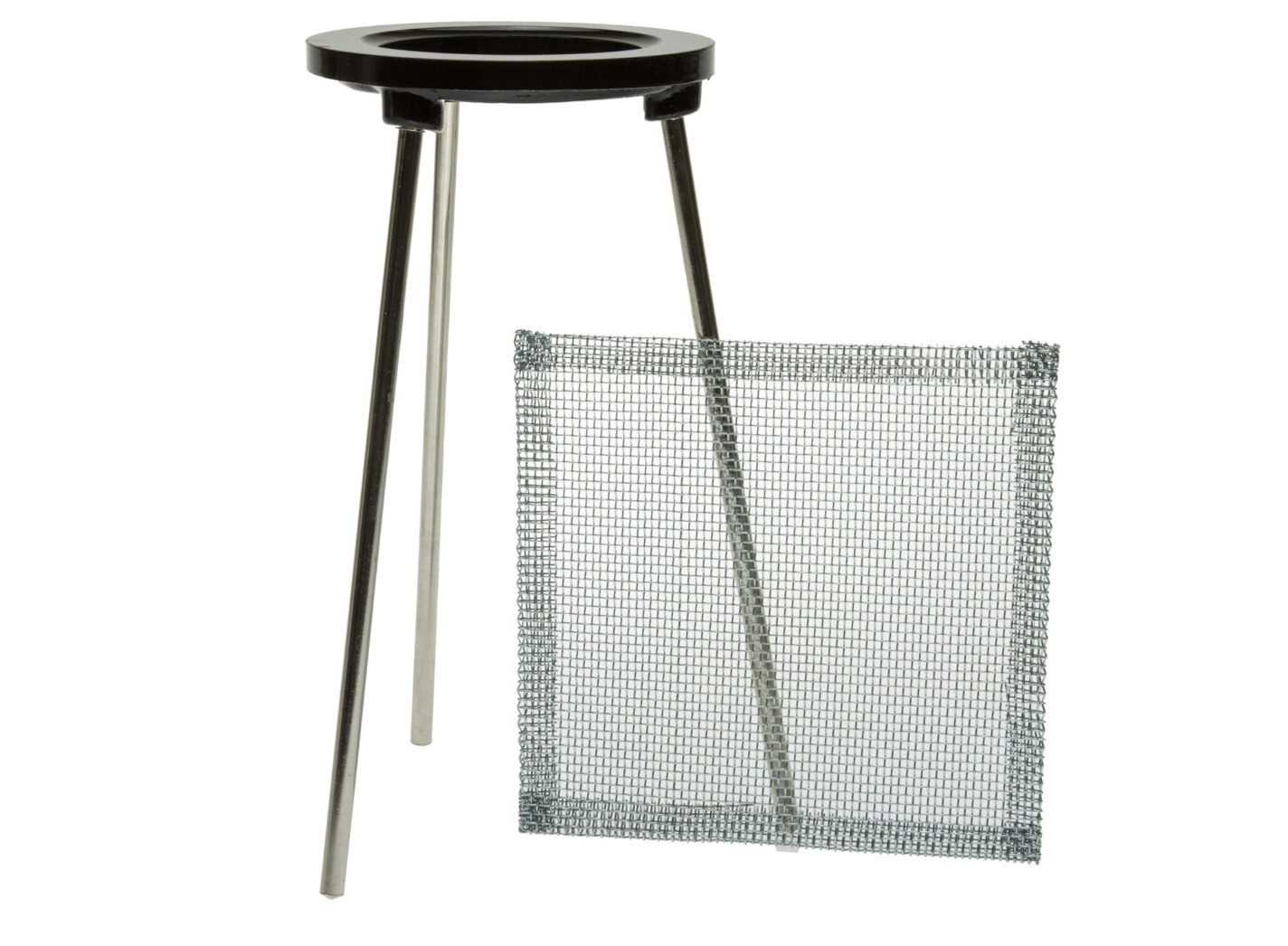 A 9-inch tall cast iron tripod with a mesh screen for supporting jewelry and small metalwork during soldering and heating at the M7 Trading Post.