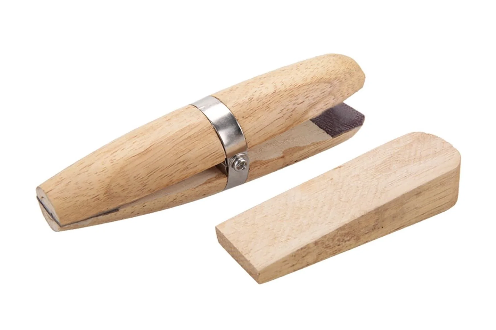 A wooden jewelry ring clamp with leather-lined jaws and a wedge lock used for secure holding during stone setting and polishing at the M7 Trading Post.