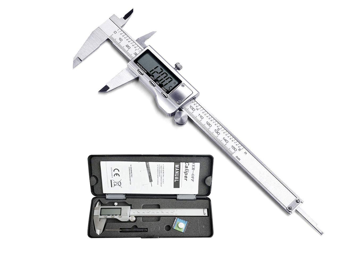 A precision digital caliper with a stainless steel body and large LCD display used for measurement at the M7 Trading Post.