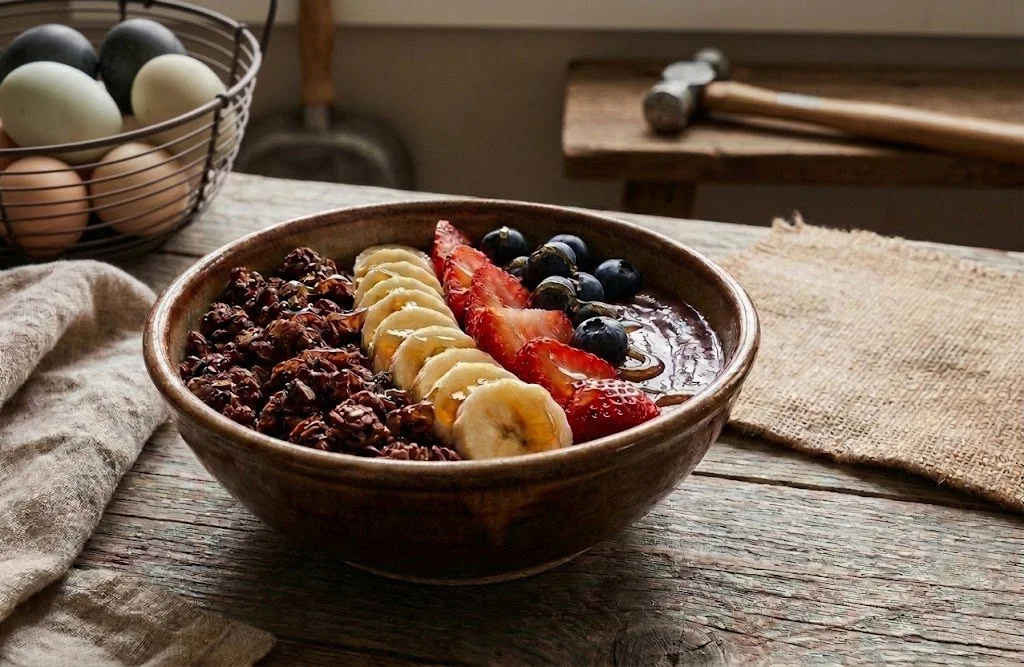 A thick chocolate acai smoothie bowl topped with sliced bananas, strawberries, blueberries, and cacao granola, sitting on a rustic wooden workbench next to a basket of charcoal, light green, and tan duck eggs.
