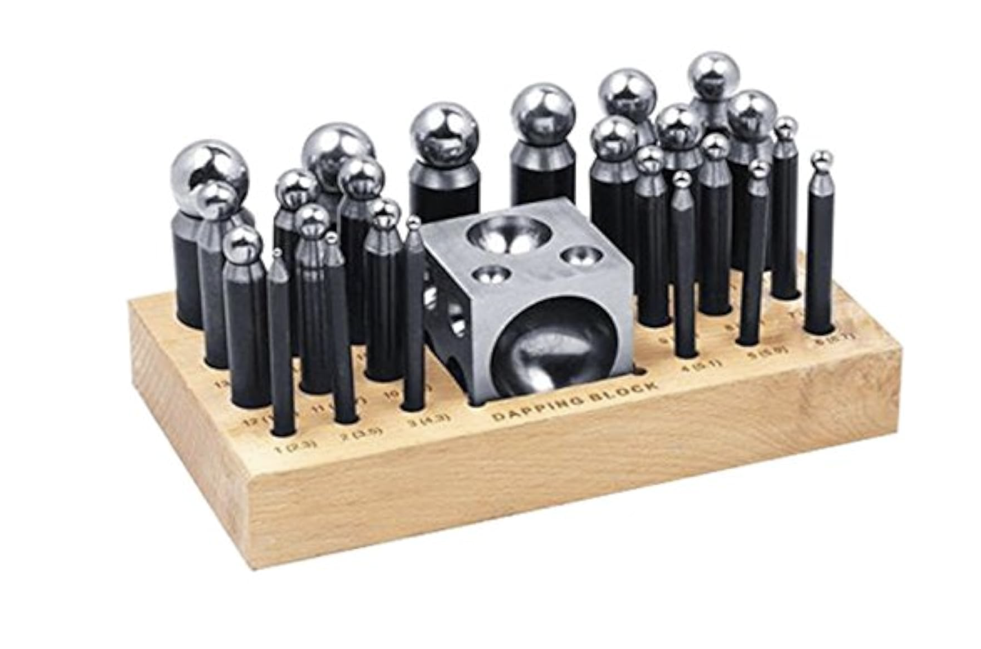 A 26-piece dapping and doming punch set with a steel block ranging from 2.3mm to 25mm for metal forming at the M7 Trading Post.