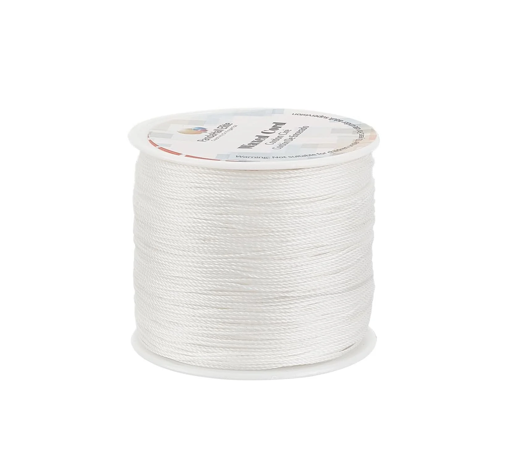 A 116-yard spool of white 0.5mm round waxed polyester cord for jewelry making, beading, and macrame.