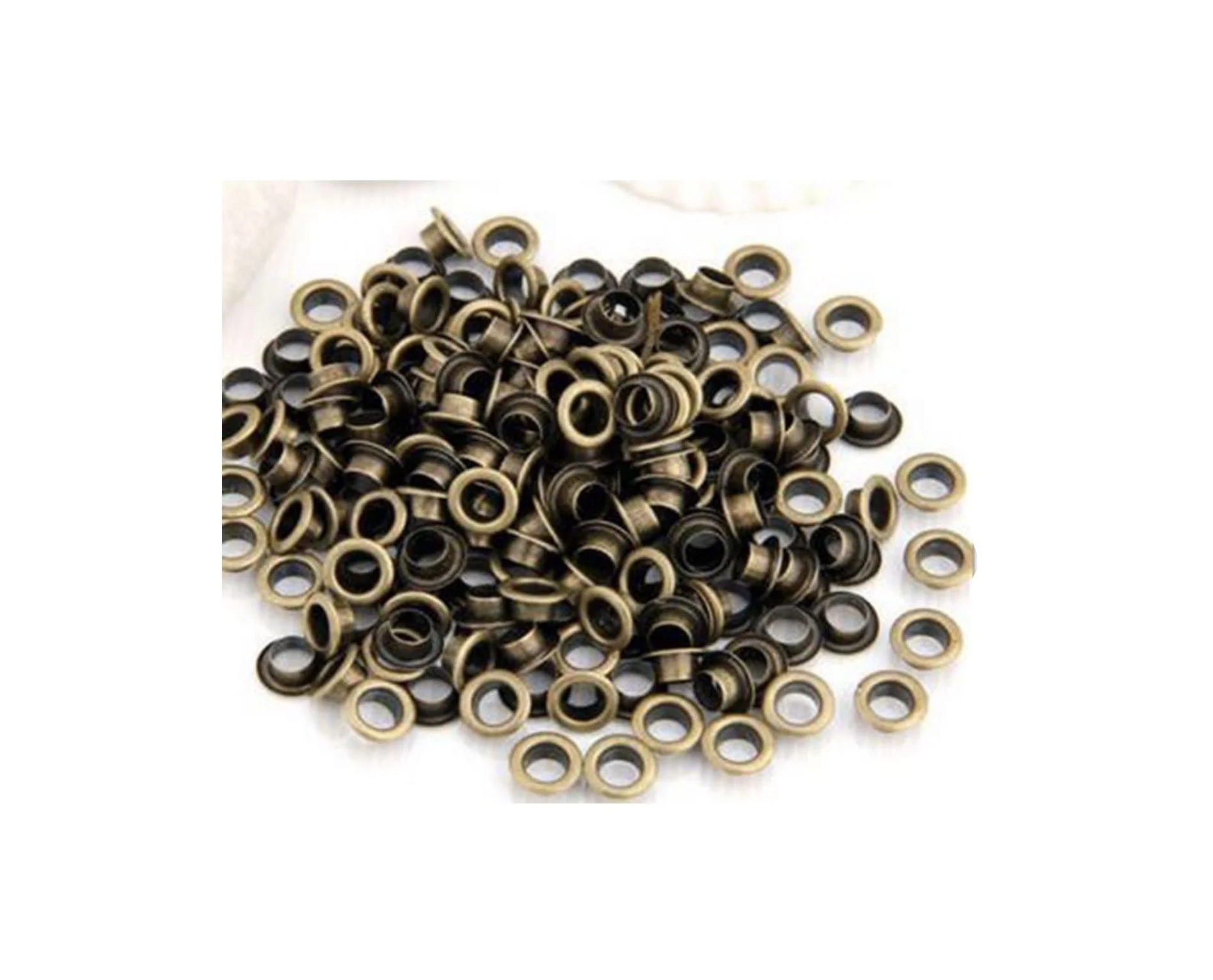 A 100-piece set of 7mm (1/4 inch) bronze metal grommets and eyelets with a self-backing design, suitable for bead cores, leather, and canvas crafts.