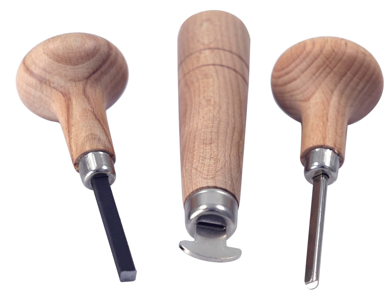 A set of three jewelry stone setting tools with ergonomic wooden handles used for prong and bezel setting at the M7 Trading Post.