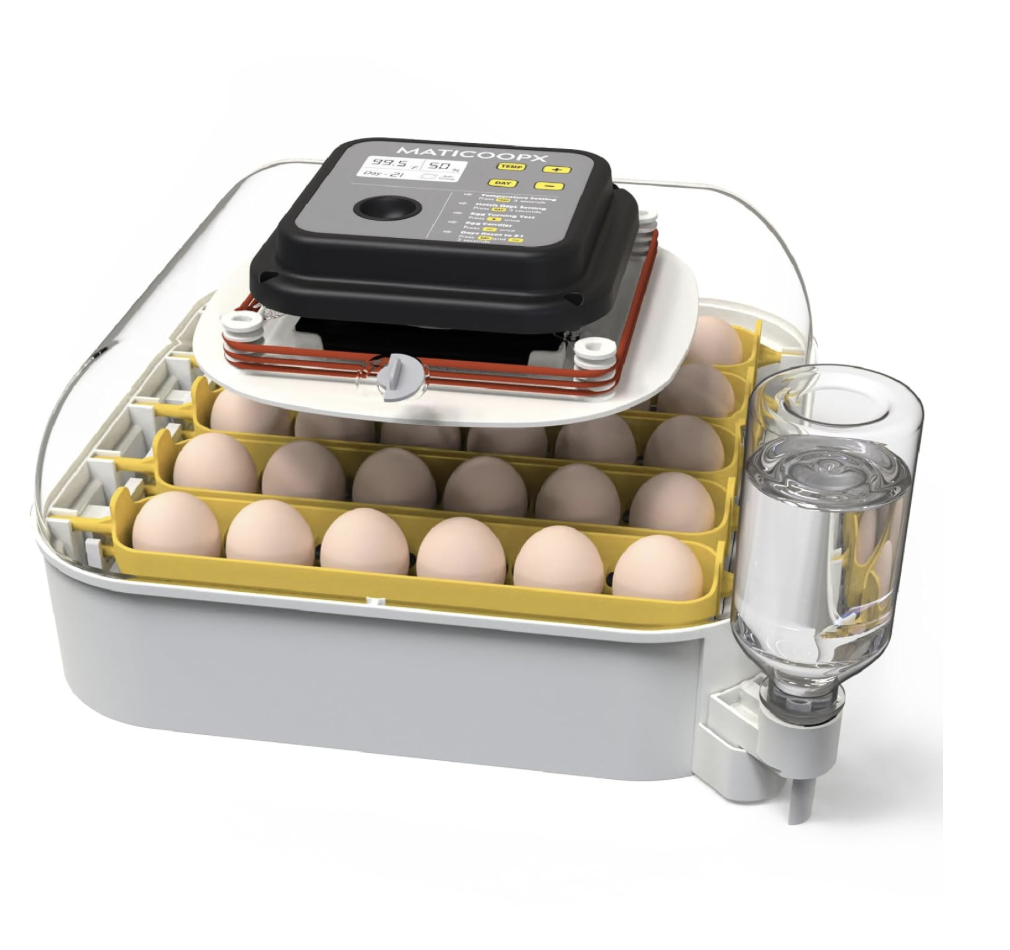 M7 Trading Post recommended MATICOOPX 30-egg automatic incubator with humidity display, automatic egg turner, and integrated candler.