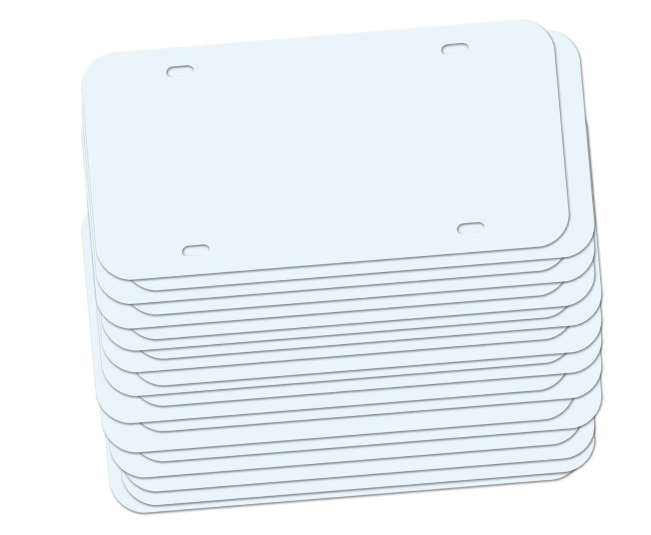 A set of 12x6 blank aluminum license plate tags for custom vinyl designs, DTF transfers, and business branding at the M7 Auto Ranch.