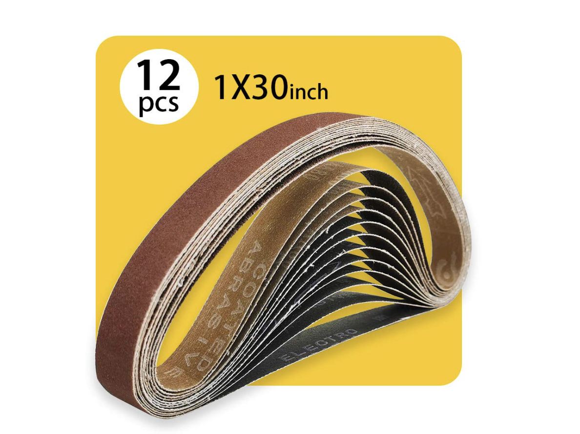 A 12-pack of premium aluminum oxide 1x30 inch 80 grit sanding belts for a benchtop belt sander.