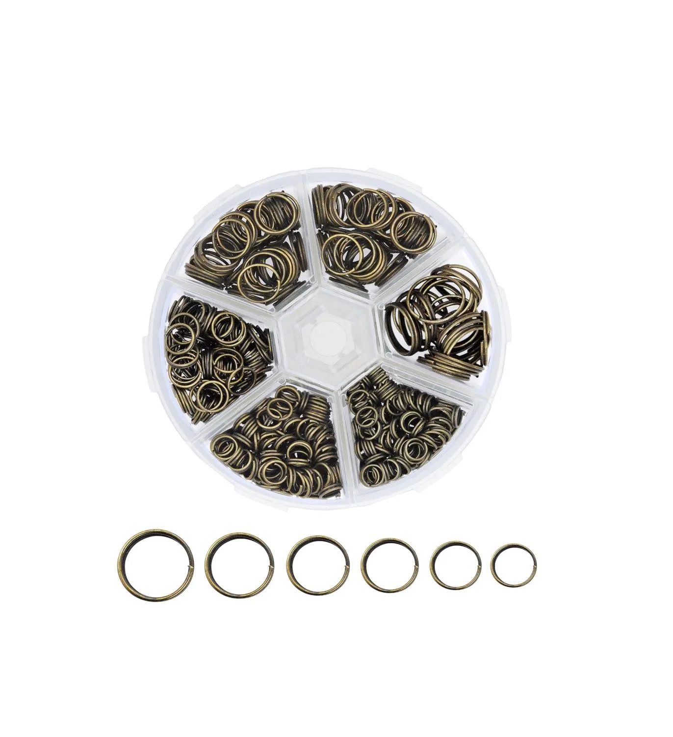 A 540-piece assortment of antique brass double jump rings and mini split rings for jewelry making and small craft accessories.