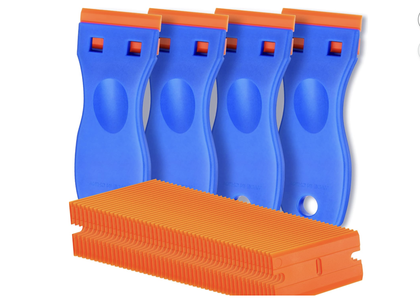 A 4-piece plastic razor blade scraper set with 100 replacement blades for removing decals and adhesive without scratching glass at the M7 Trading Post.
