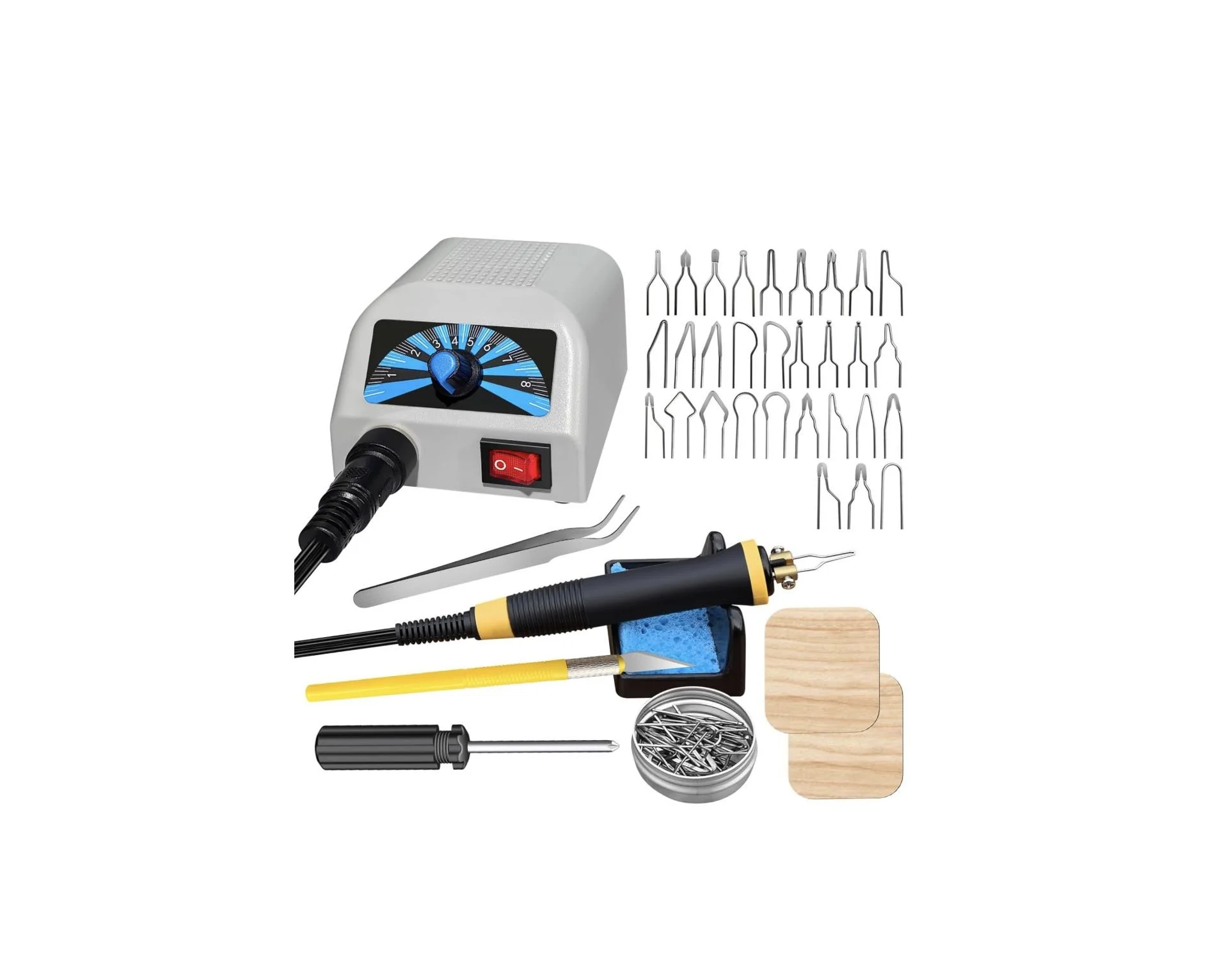 A professional-grade wood burning station with dual pens, a digital temperature display, and a variety of precision wire tips for detailed pyrography on wood and leather.