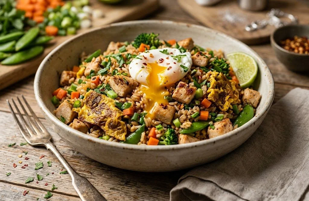 A high-protein bowl of homestead-style chicken fried rice made with jasmine rice, vibrant carrots, and snap peas, topped with a rich, silky poached duck egg.