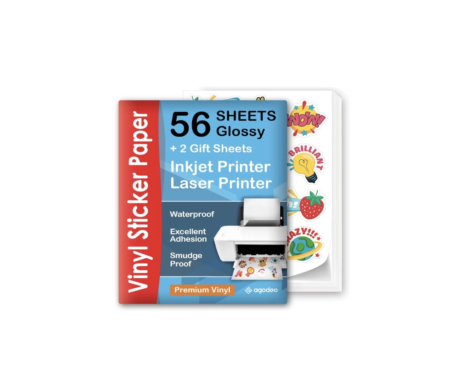 A 56-sheet pack of premium glossy white printable vinyl sticker paper for inkjet and laser printers, featuring waterproof and tear-resistant properties.