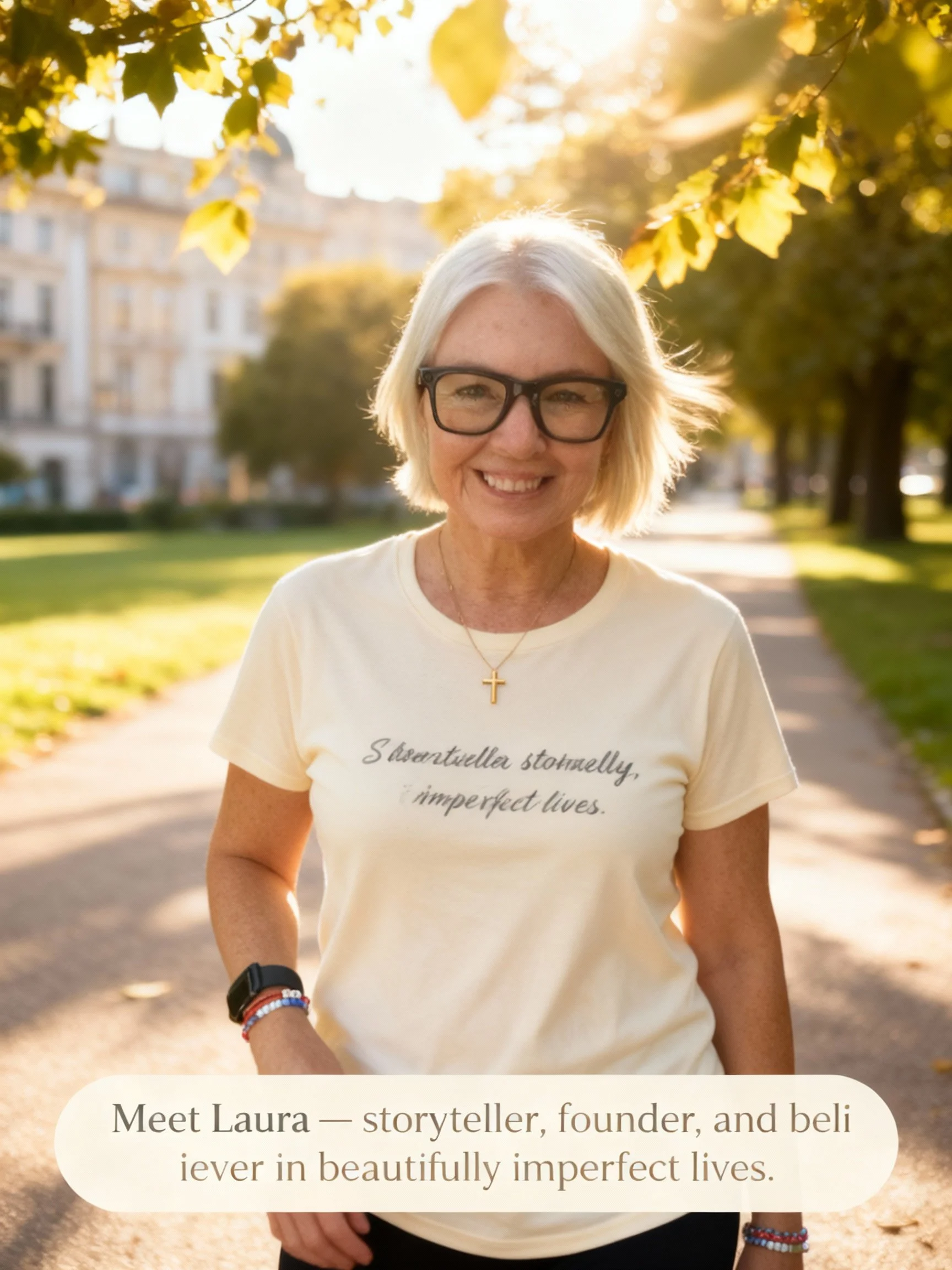 A woman with short blonde hair, glasses, and a cross necklace smiling outdoors in a park during golden hour, wearing a cream-colored t-shirt with a quote.