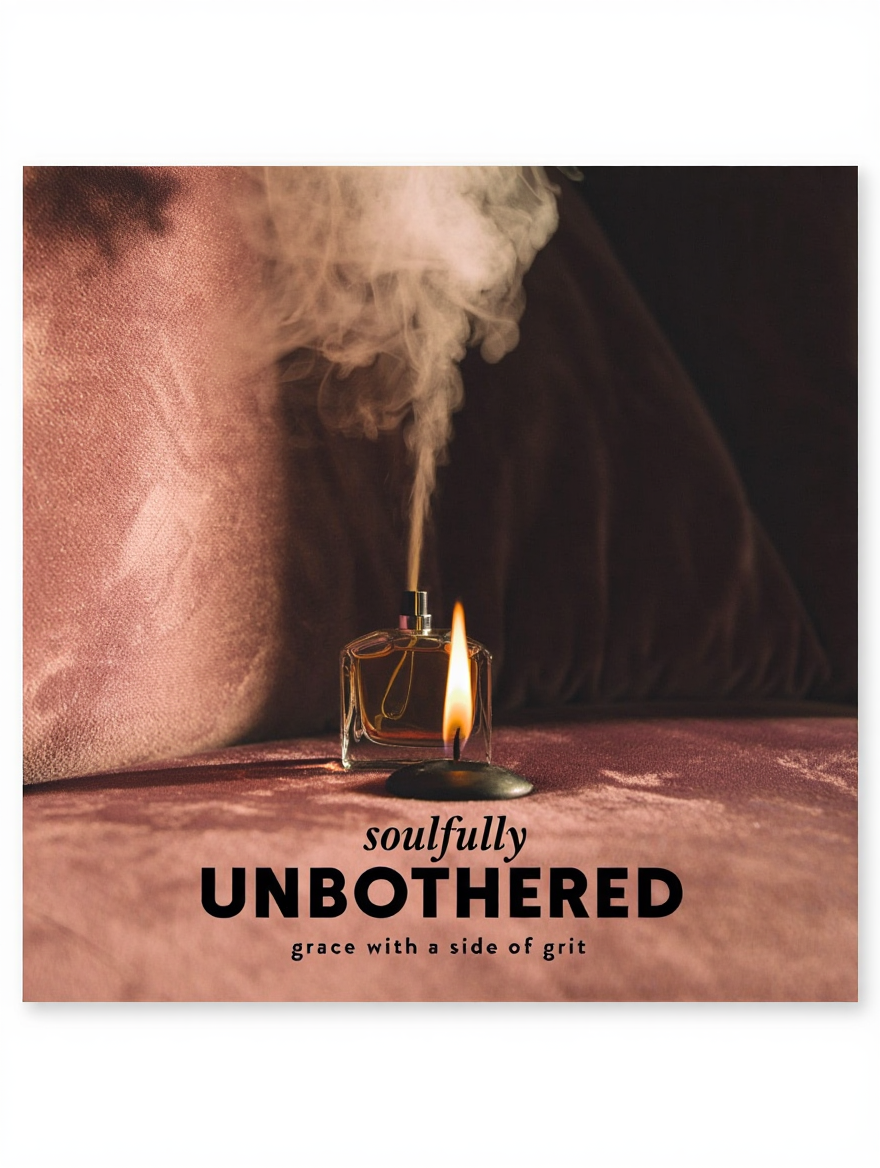 A bottle of perfume with steam rising from it, a candle flame, and a smooth black stone on a pinkish surface, with text that reads "soulfully UNOTHERED, grace with a side of grit."