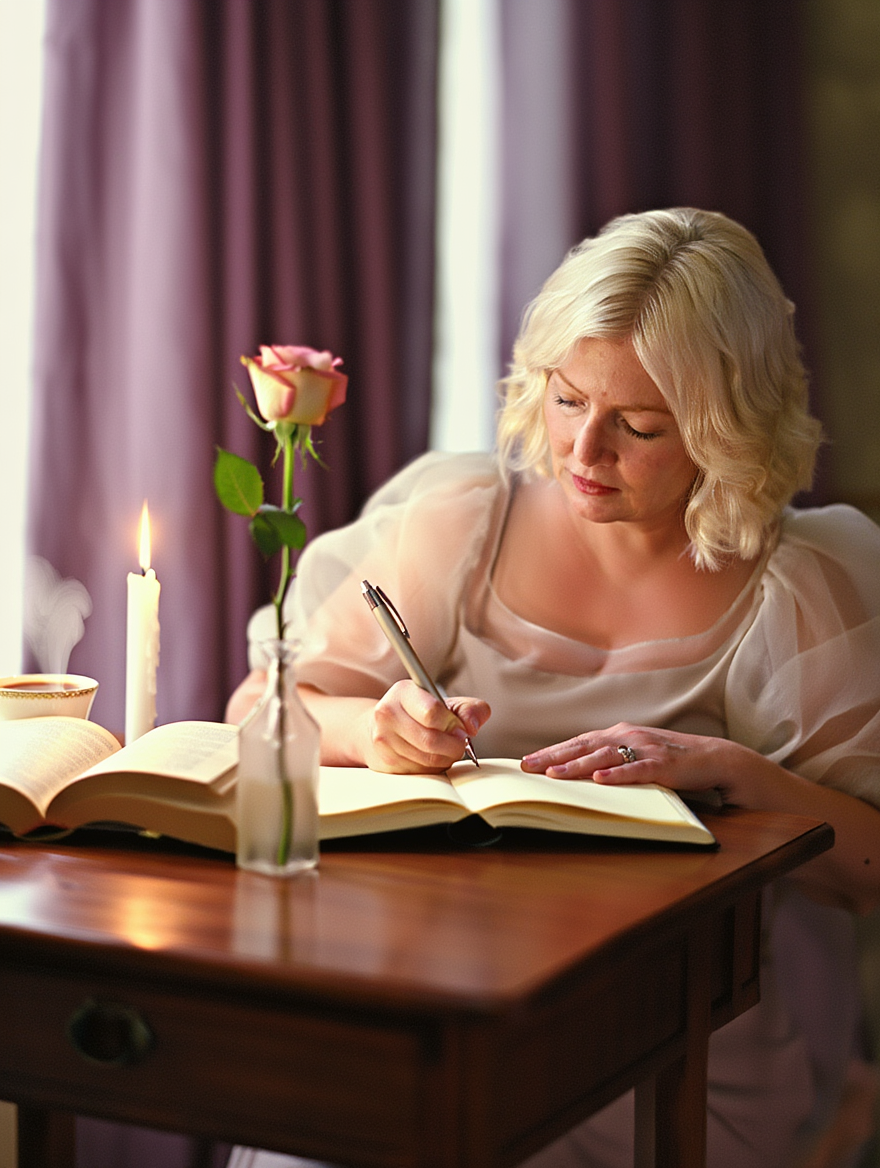 A woman with blonde hair writing in a large notebook at a wooden table, lit by a candle, with a pink rose in a glass bottle, and a cup nearby, in a cozy room with purple curtains.
