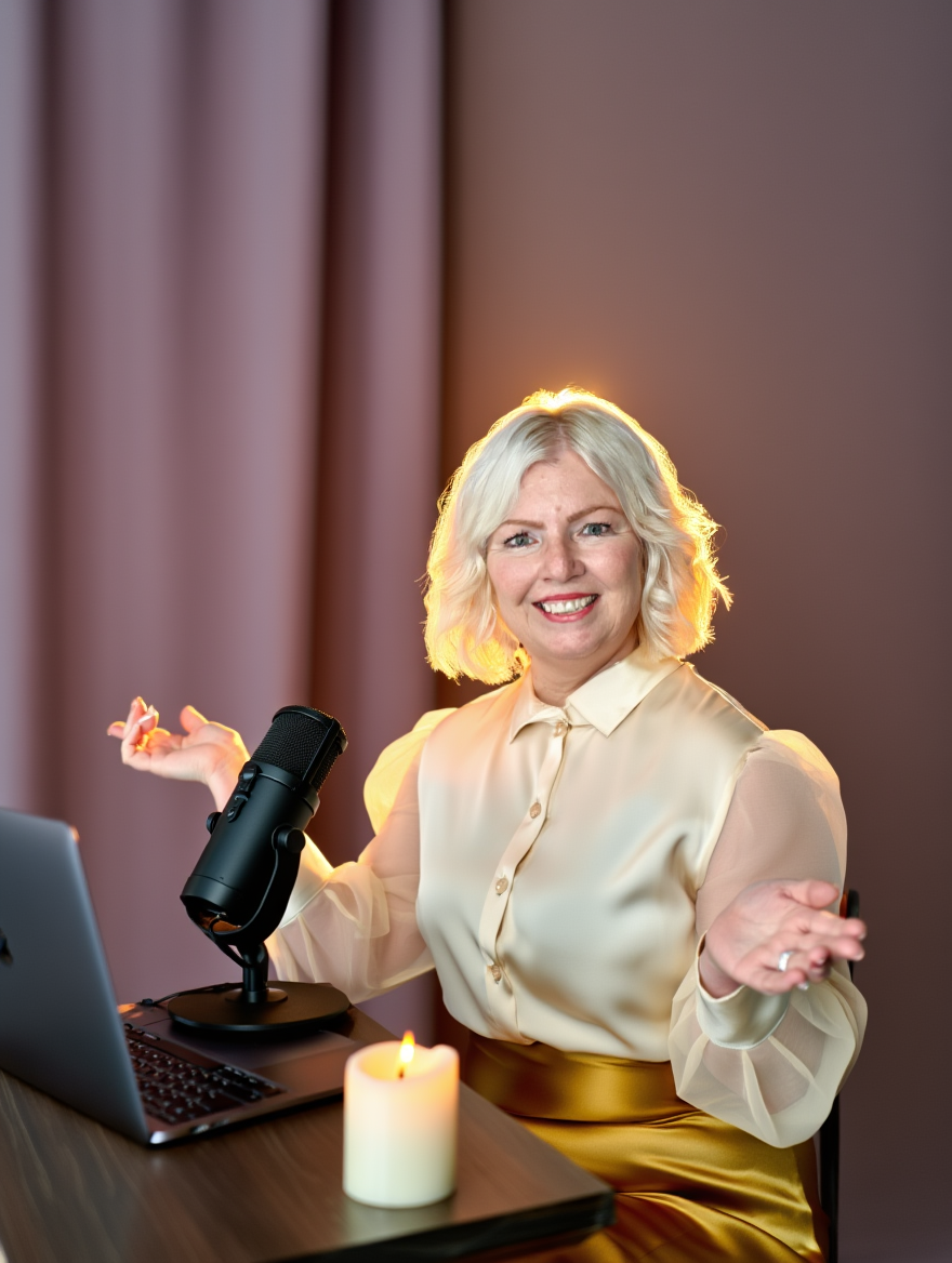 A woman with short blonde hair and a beige satin blouse sitting at a desk, smiling and gesturing with her hands, with a laptop, a microphone, a lit candle, and a pink curtain in the background.