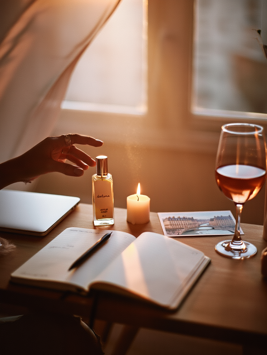 A cozy scene on a wooden table with a glass of rosé wine, a lit candle, a perfume bottle, an open notebook with a pen, a closed laptop, and a photograph of a cityscape near a river. Sunlight filters through a window.
