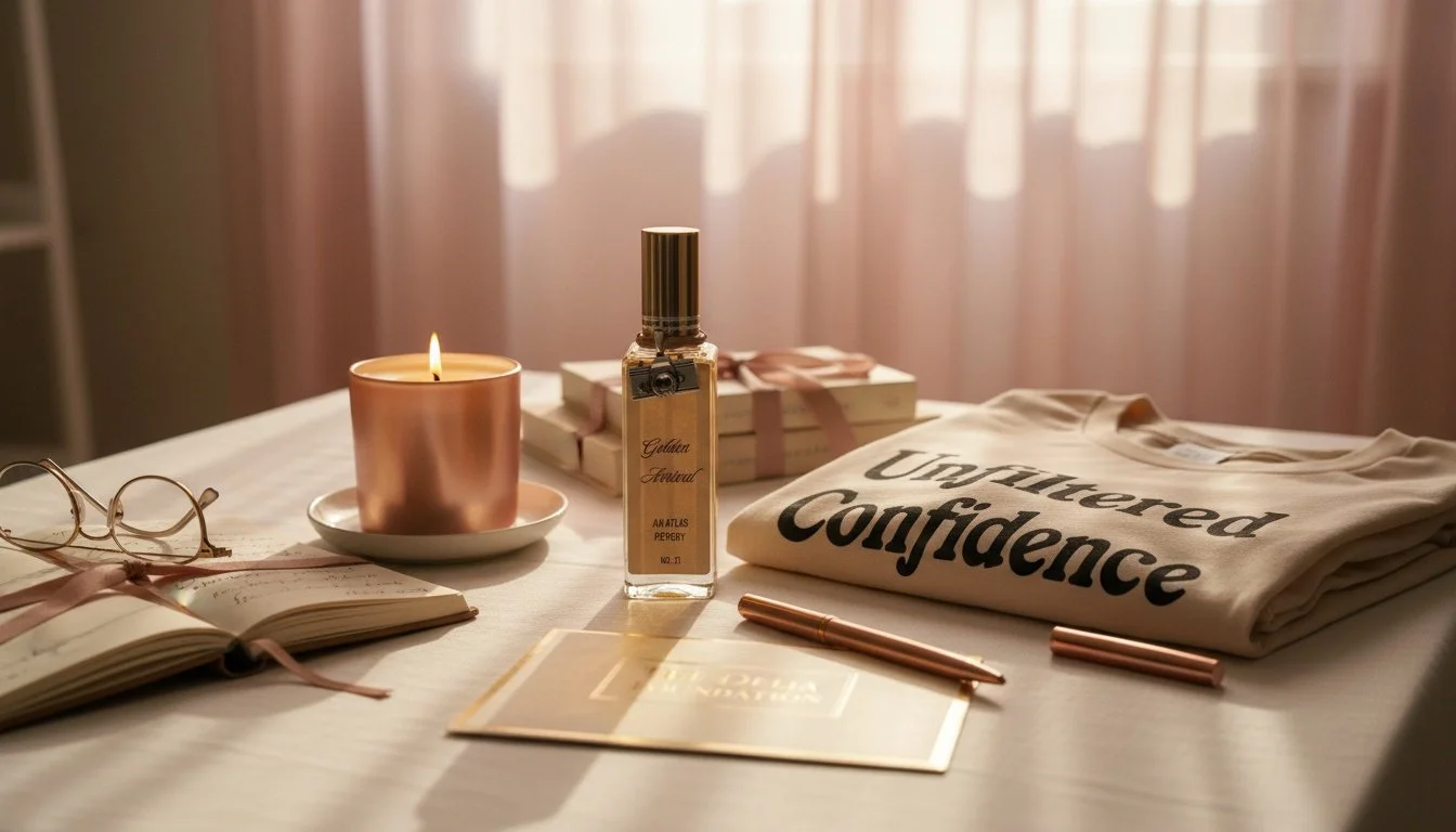 A table with a lit candle, pair of glasses, open notebook with a ribbon bookmark, perfume bottle, gift box, folded shirt with "Unfettered Confidence" printed on it, a rose gold pen, and a metallic card, all arranged in a softly lit room.