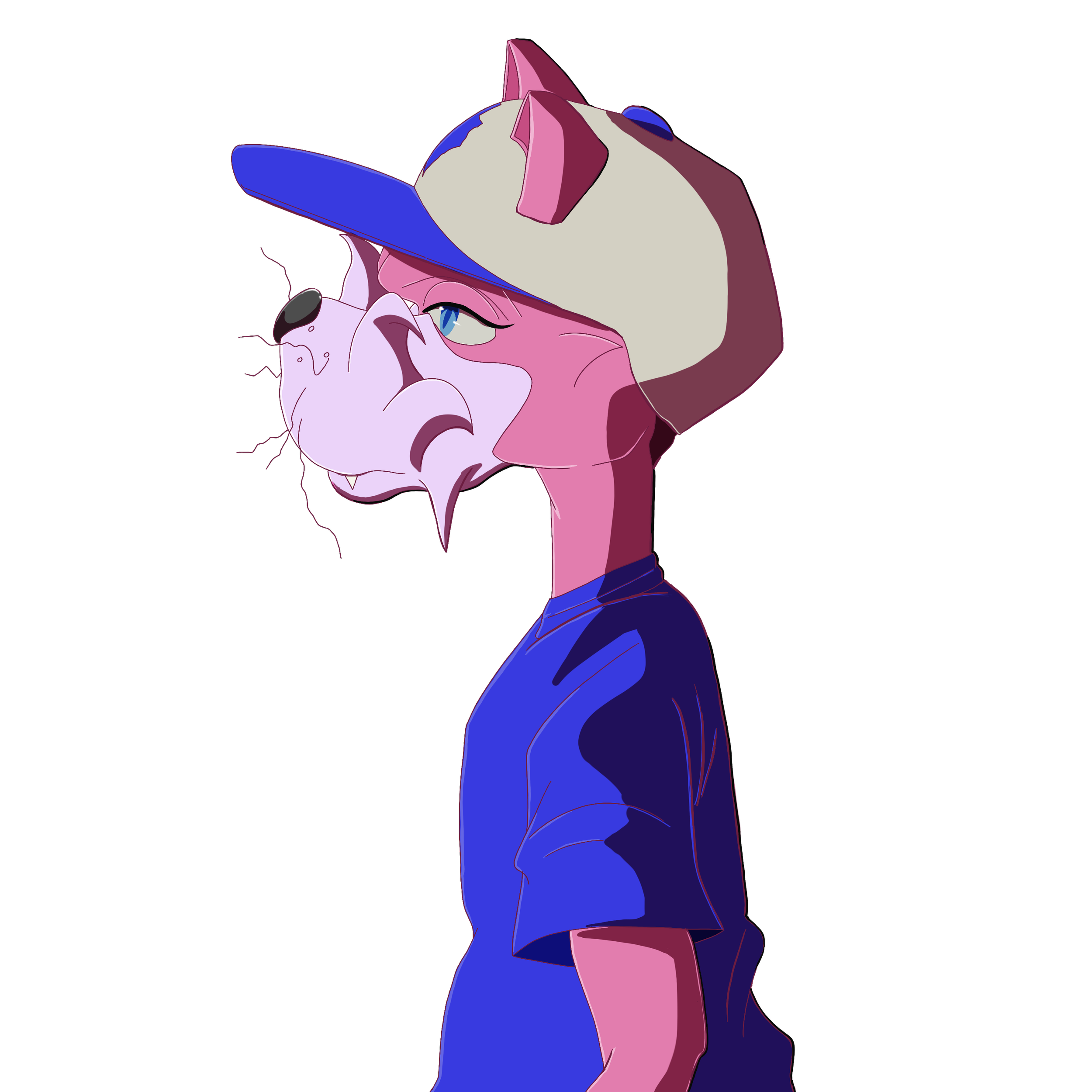 A cartoon anthropomorphic cat with a pink face, wearing a blue shirt and white and blue baseball cap, looking sideways
