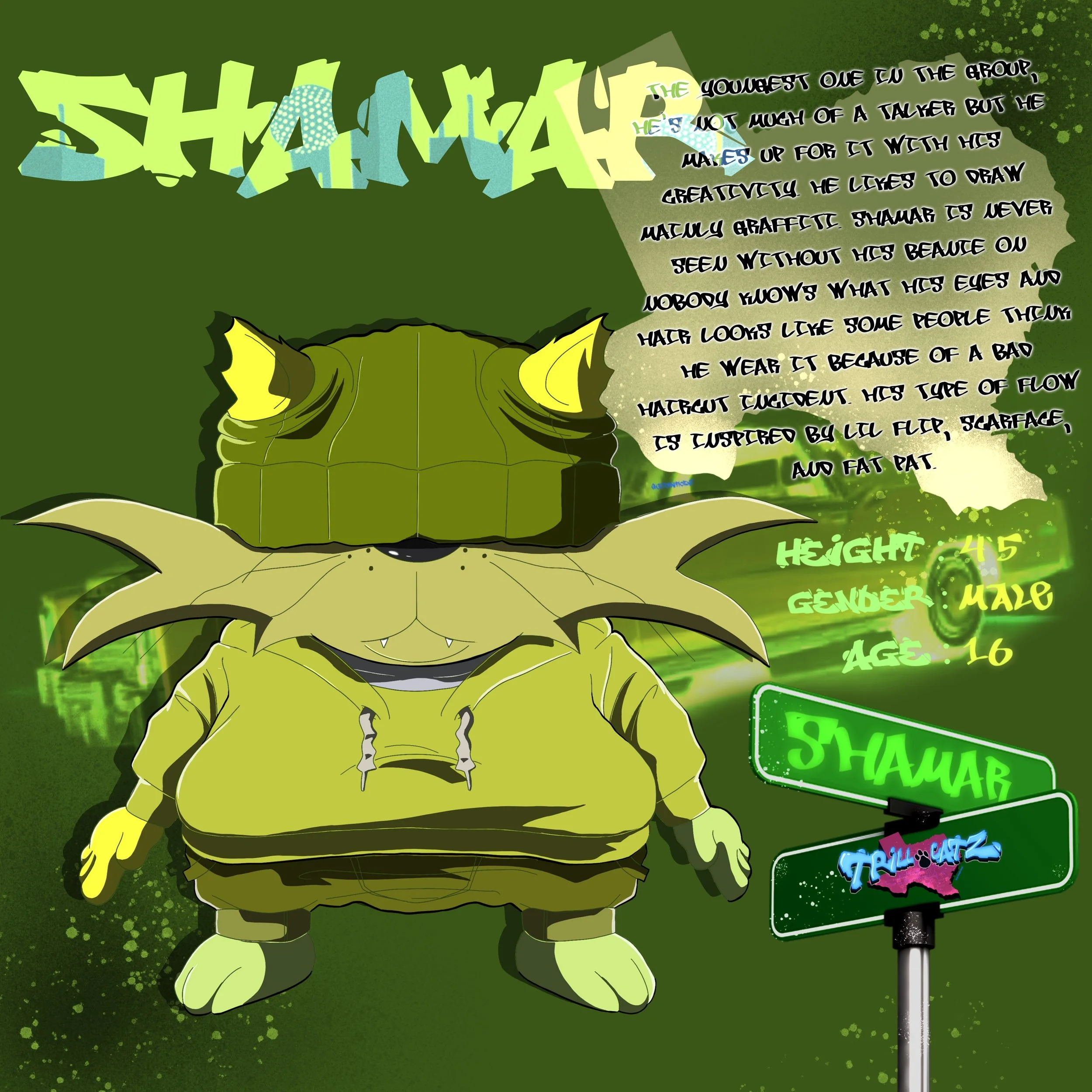  wearing a yellow hoodie, standing in front of a street sign with graffiti. The background is green with graffiti-style text reading 'Shamar'. Text on the image provides details about Shamar, including height, gender, and age. Shamar is described as 