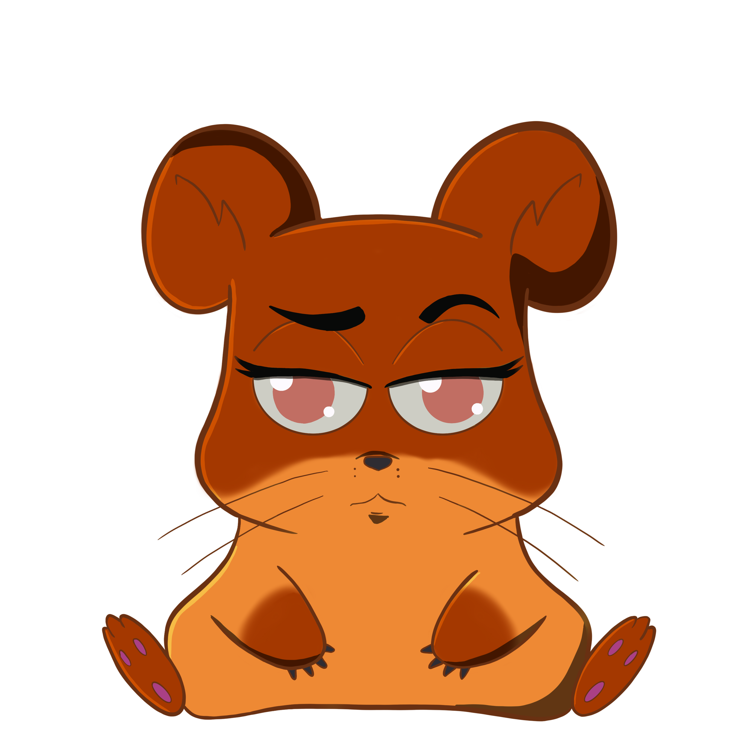 Animated cartoon hamster with a grumpy expression, sitting with its paws on its belly and looking to the side.