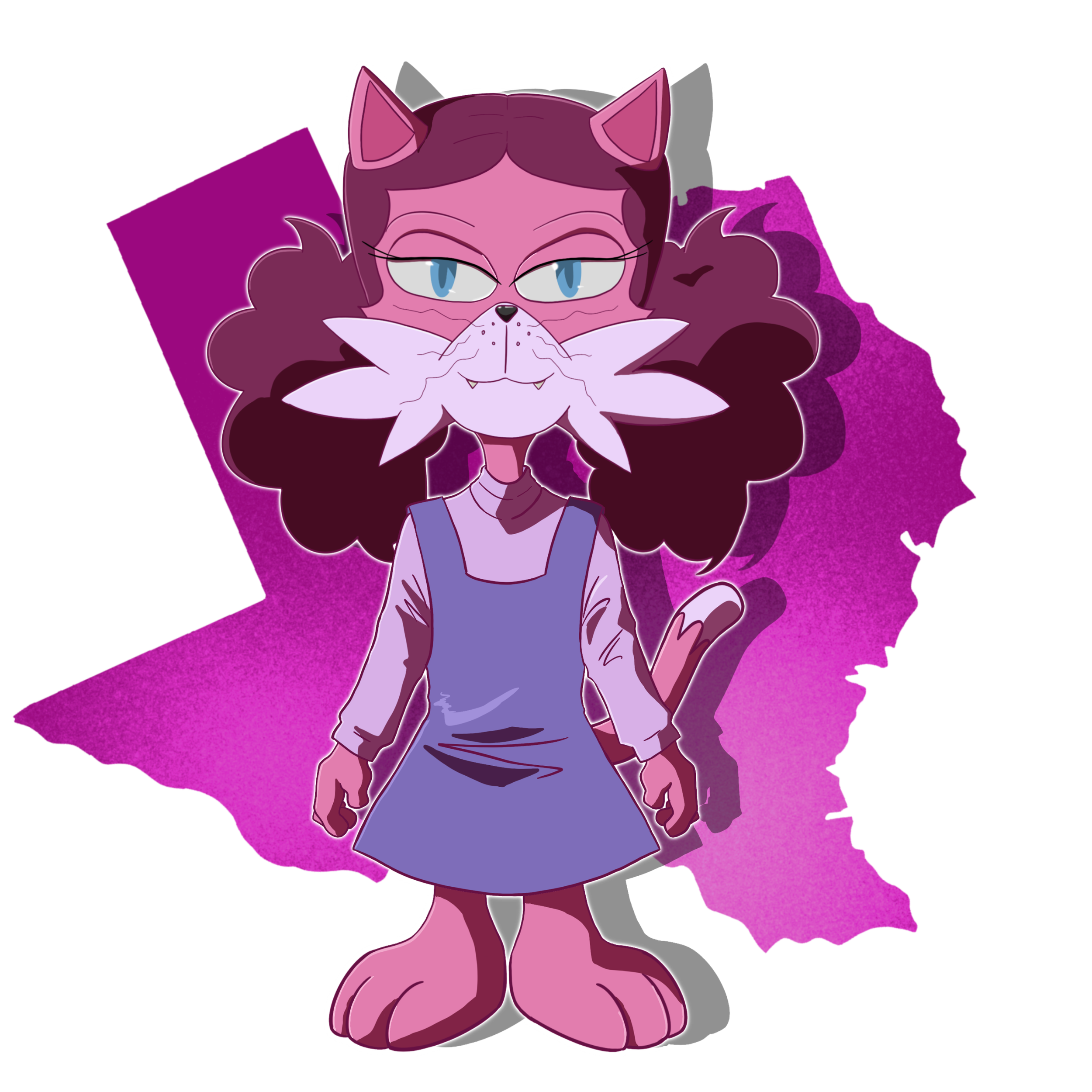 Animated illustration of a pink anthropomorphic cat with blue eyes, wearing a purple dress, and standing in front of a purple background with pink and purple elements.