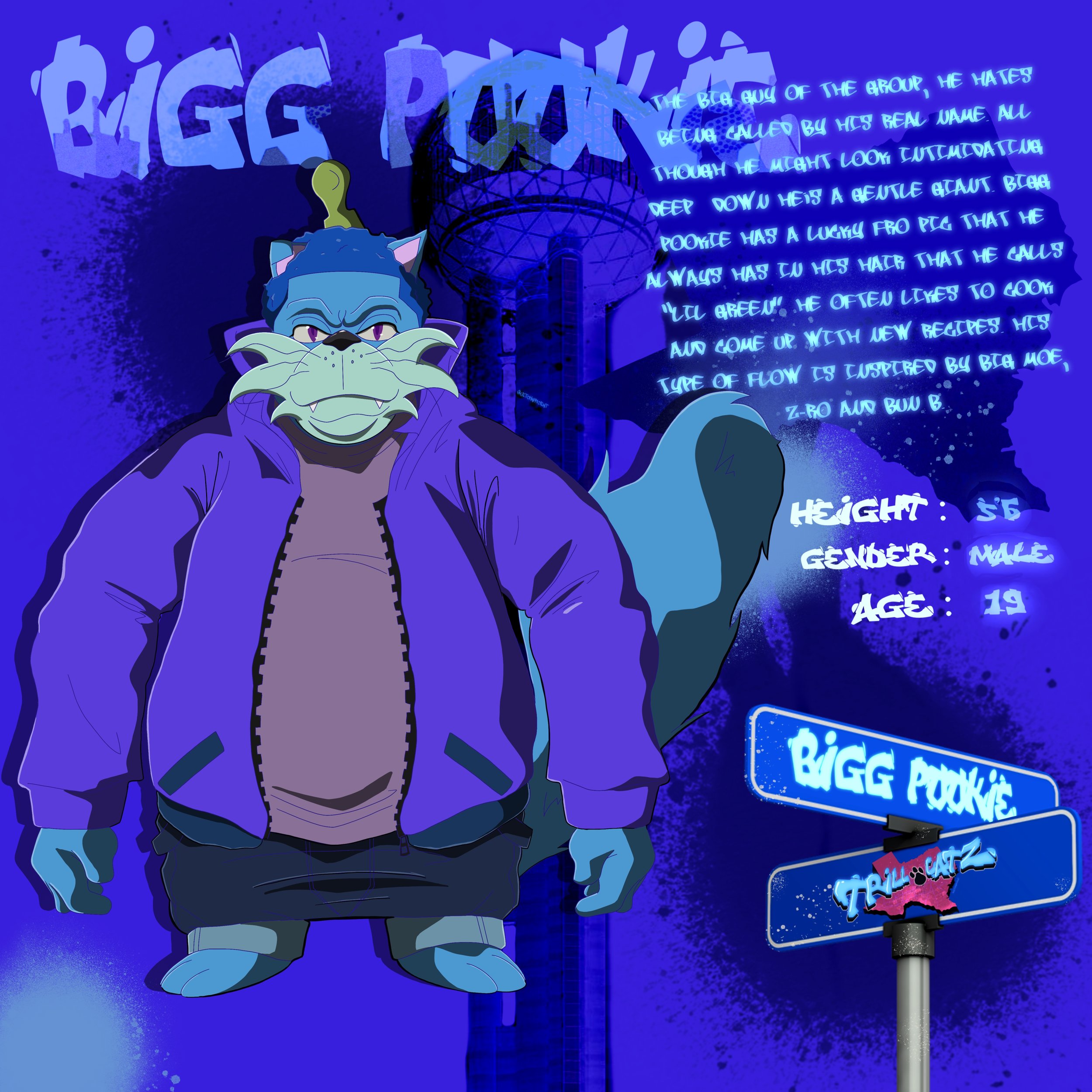 A digital illustration featuring a cartoon anthropomorphic cat character with blue fur and purple eyes, dressed in a purple jacket  against a background with the words 'Bigg Pookie' s  . There is also a description of the character's traits, height, 