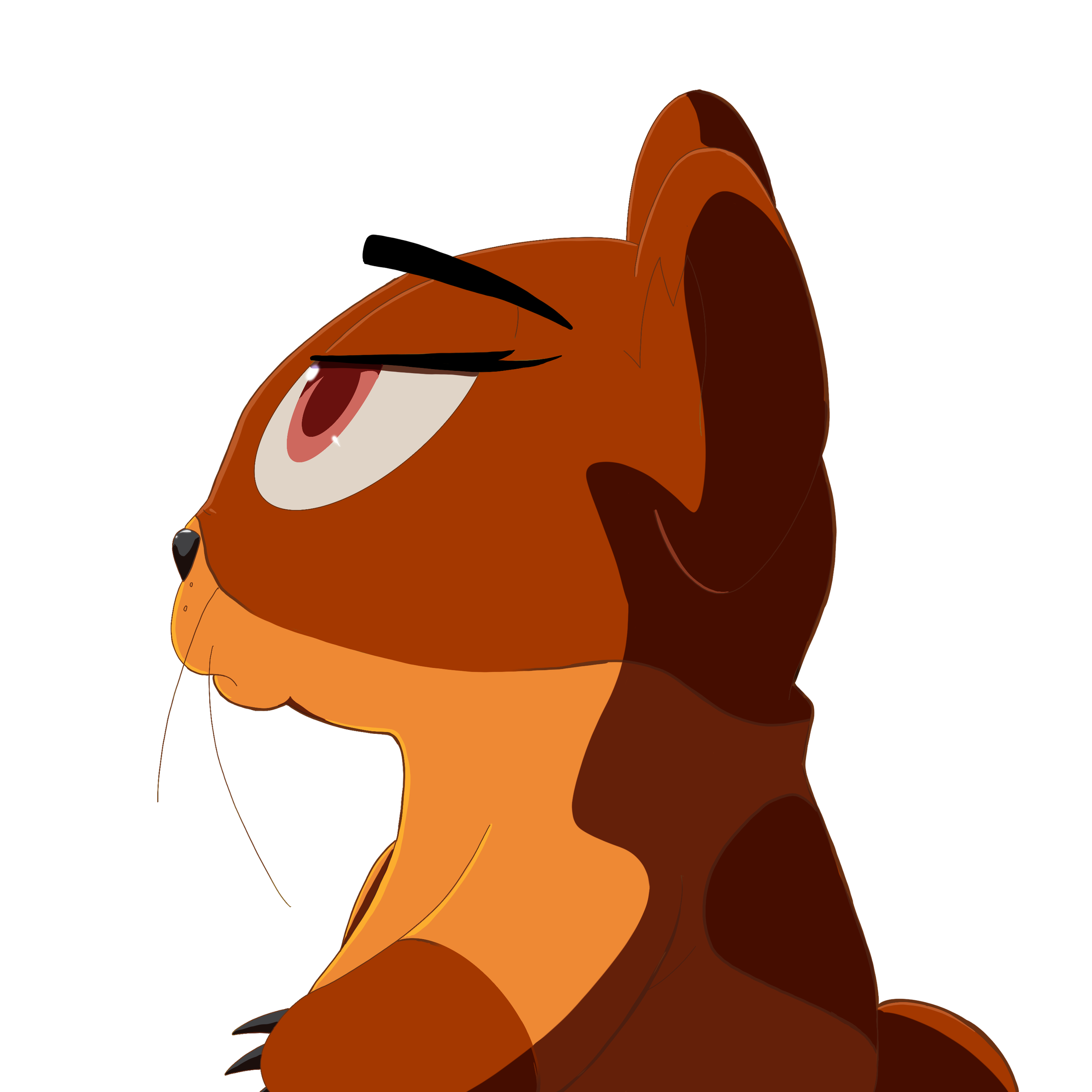 A cartoon hamster with orange and brown fur, looking sideways with a serious expression, against a background of black and blue.