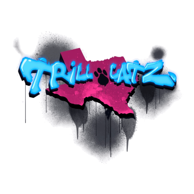 Graffiti-style text saying 'Trill Catz' with a pink pet paw print over a pink silhouette of the United States, spray paint splatters in black and gray background.