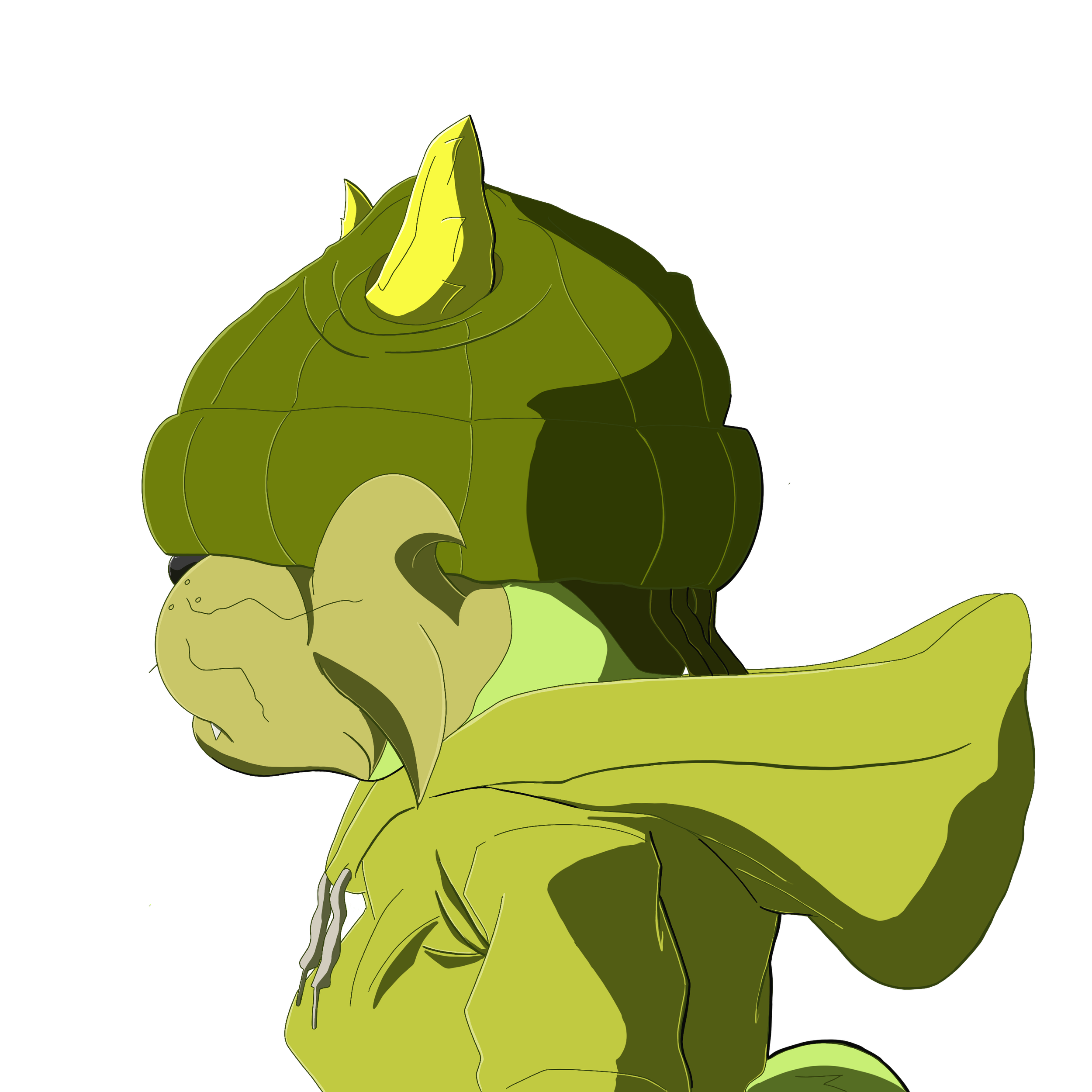 A digital drawing of an anthropomorphic cat wearing a green hoodie and a dark green beanie covering his eyes.