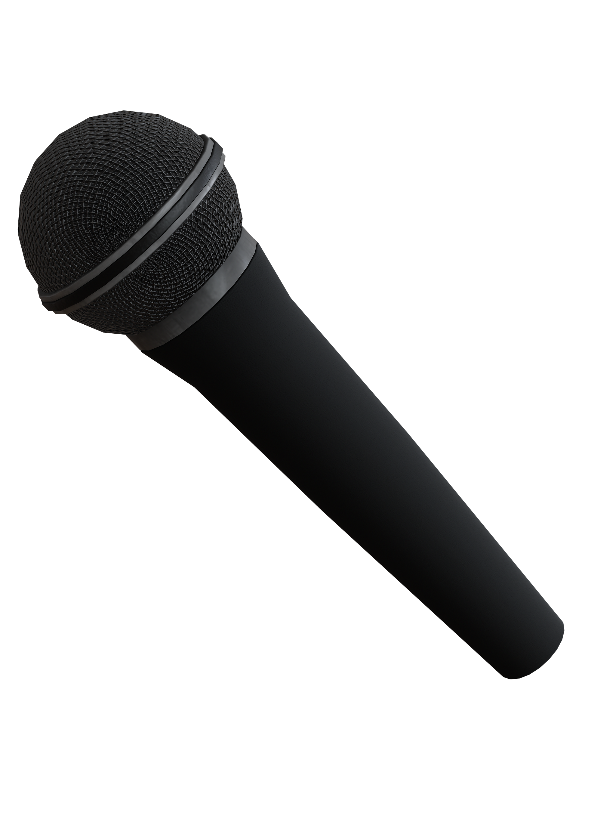 Close-up of a black handheld microphone with a metal mesh grille on top, isolated on a black background.