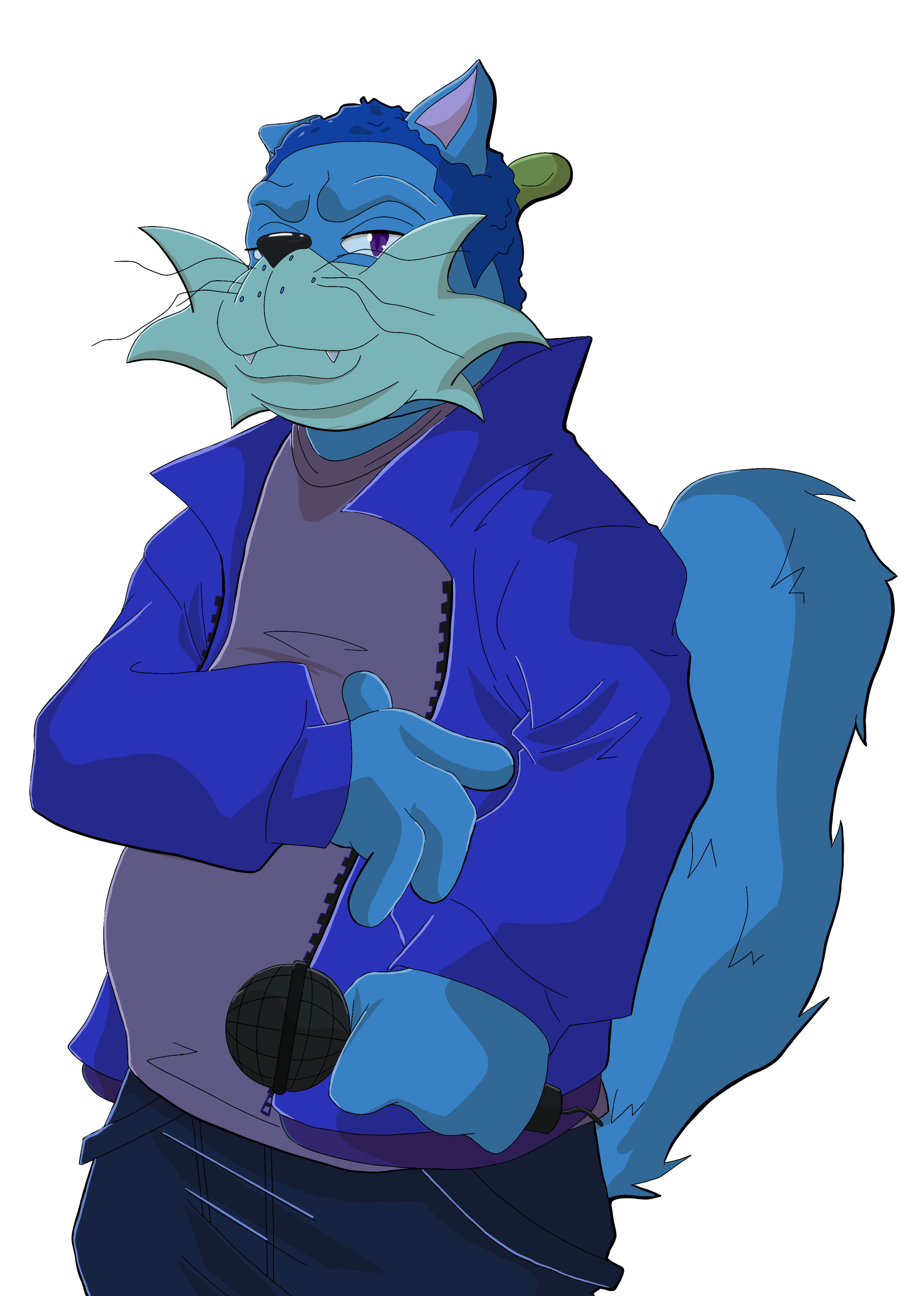 A cartoon anthropomorphic blue cat  wearing a purple jacket and holding a microphone.
