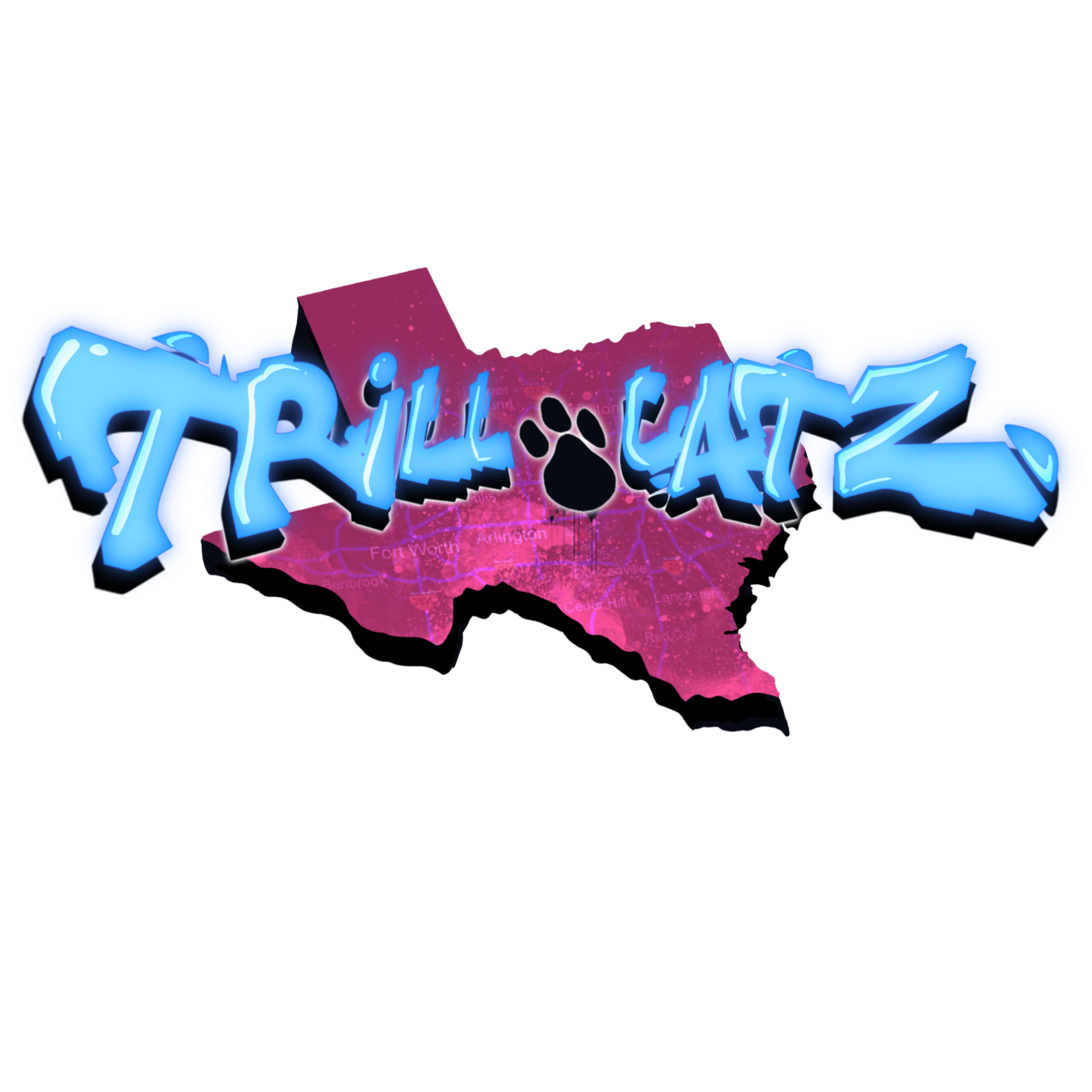 Logo for 'Trail Catz’ featuring a stylized map of Texas in pink with a black cat paw print  in the middle.' and graffiti-style text in blue reading 'TRILL' and 'CATZ' outlined in black, with a glowing effect.