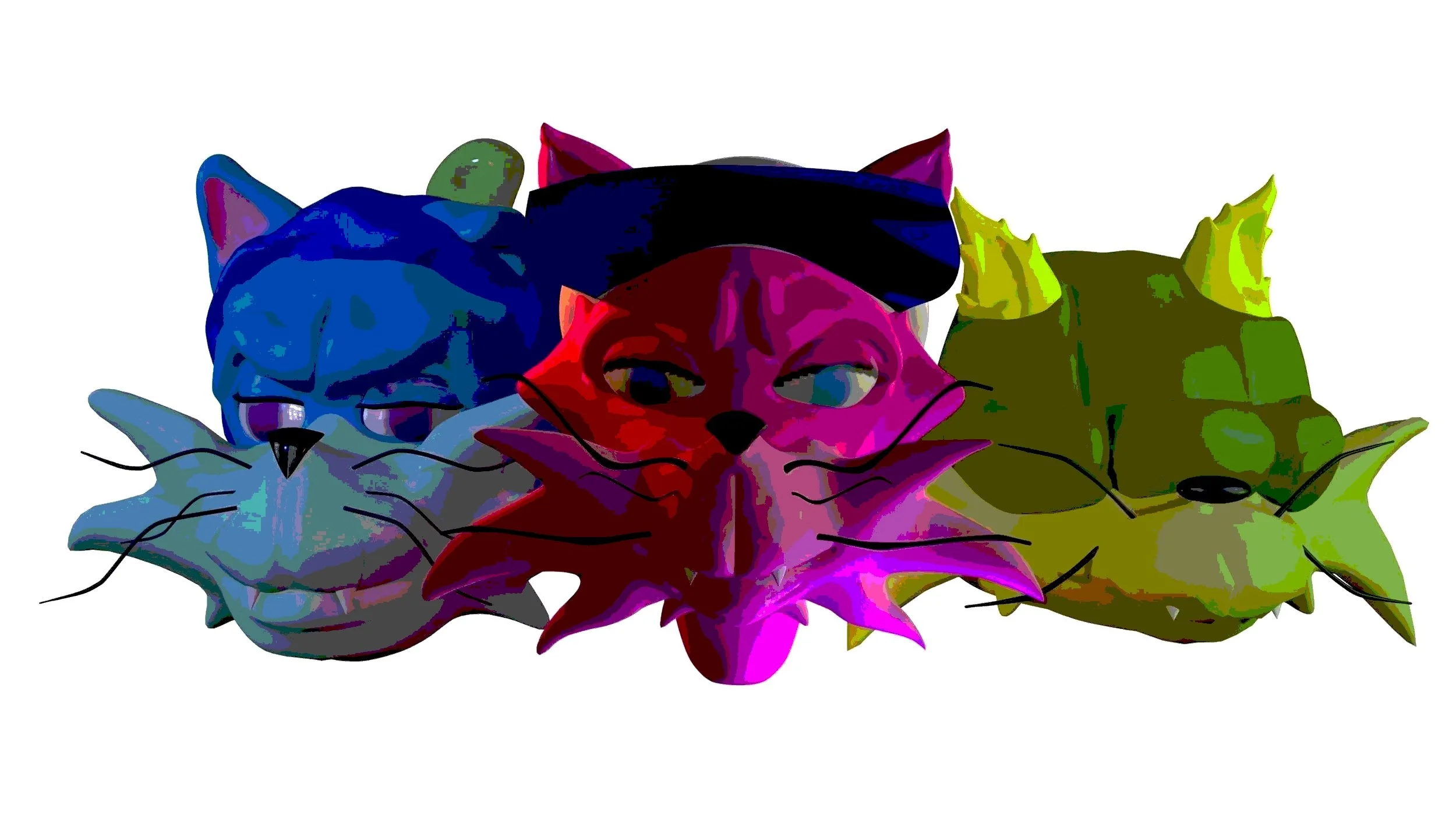Three colorful cats  set against a plain white background.