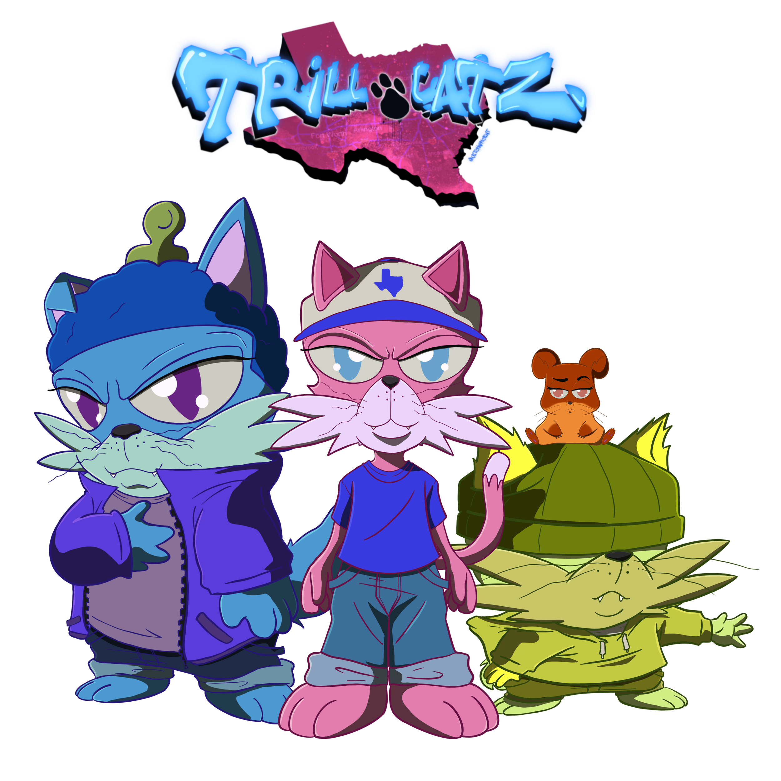 Cartoon cats and a hamster with graffiti-style text saying 'TrillCatz’