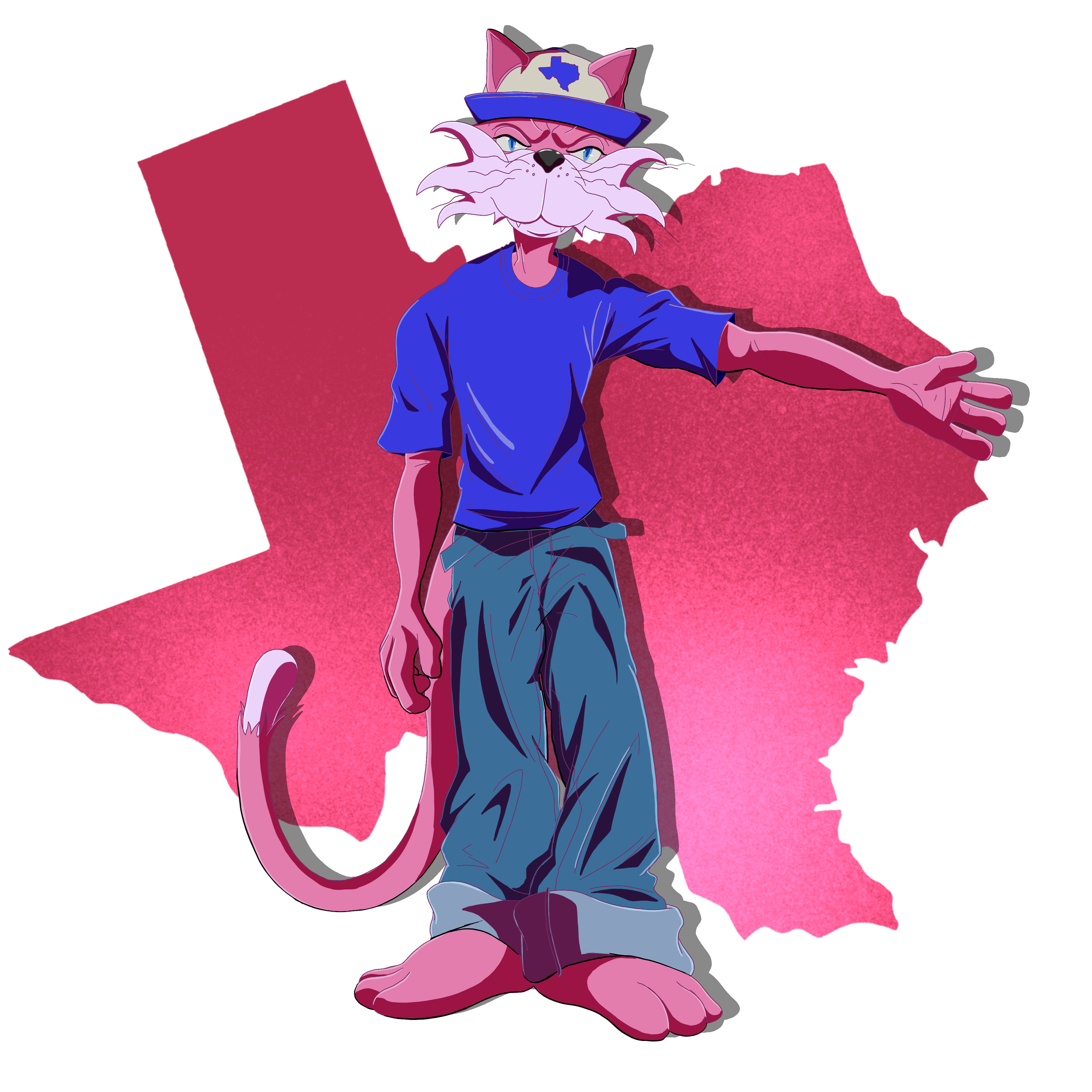 Cartoon of a humanoid cat wearing a blue cap, blue t-shirt, and rolled-up jeans, standing in front of a pink Texas map background.
