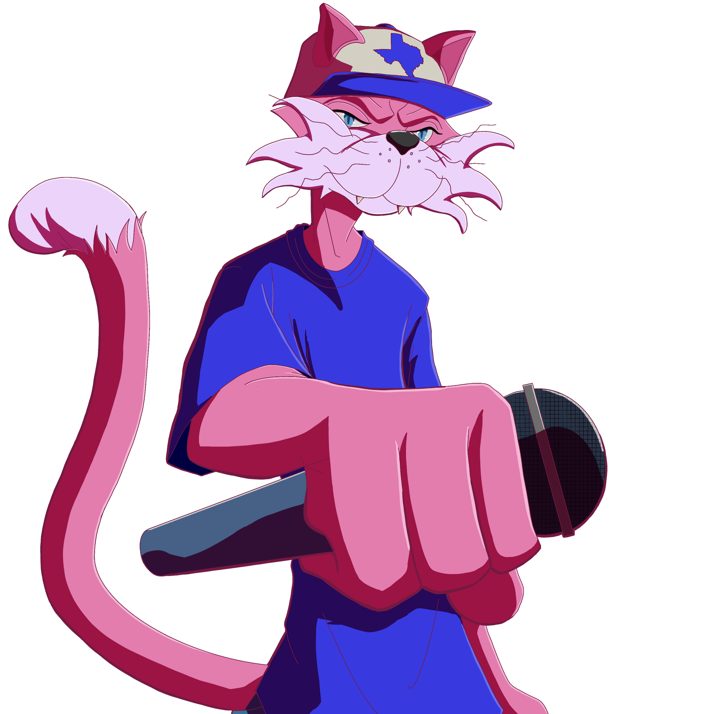 Cartoon cat character with pink fur, wearing a blue baseball cap with a Texas shape patch, a blue t-shirt, holding a microphone, and standing against a dark background.