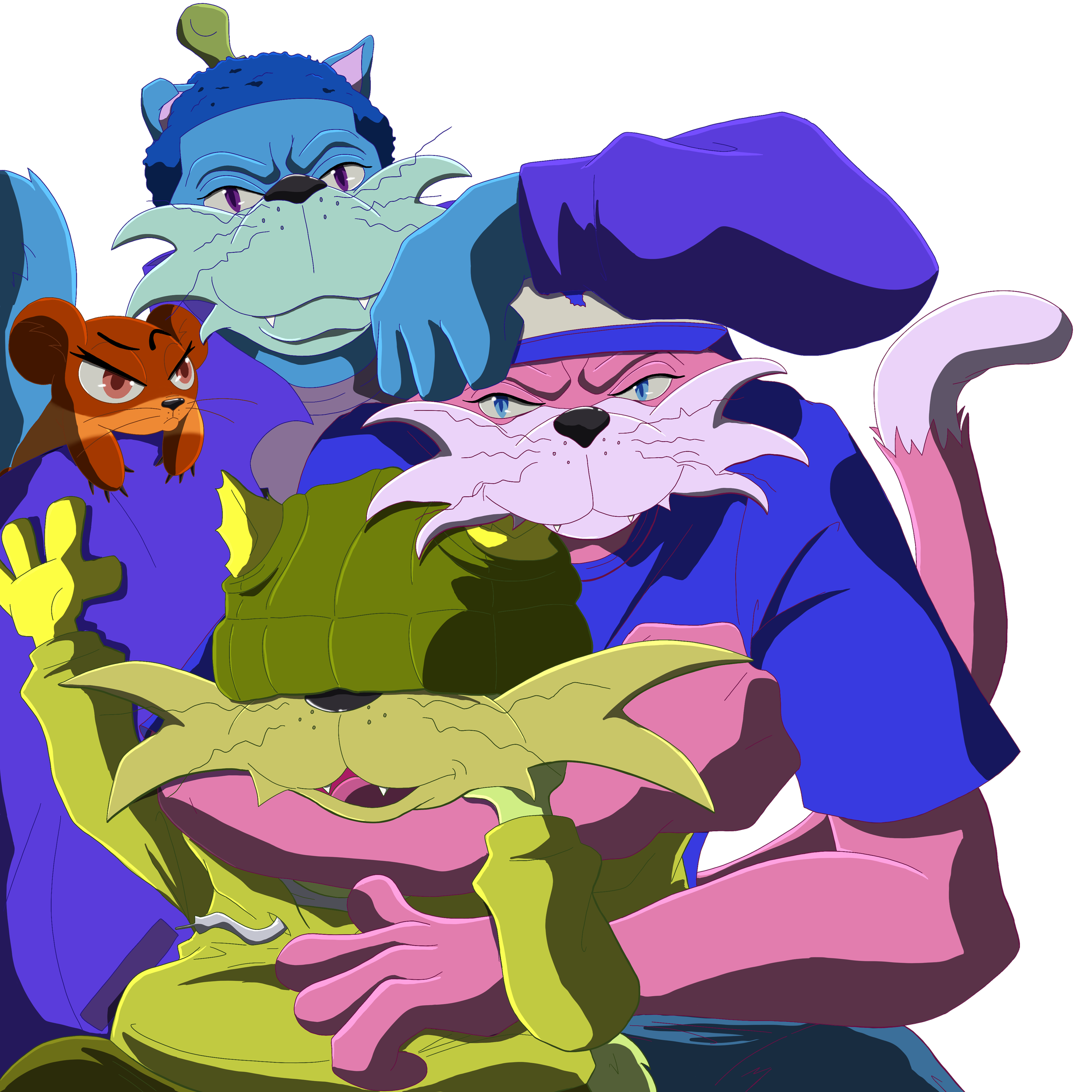 Four anthropomorphic cats with exaggerated features, wearing clothing and making expressive gestures, against a black background.