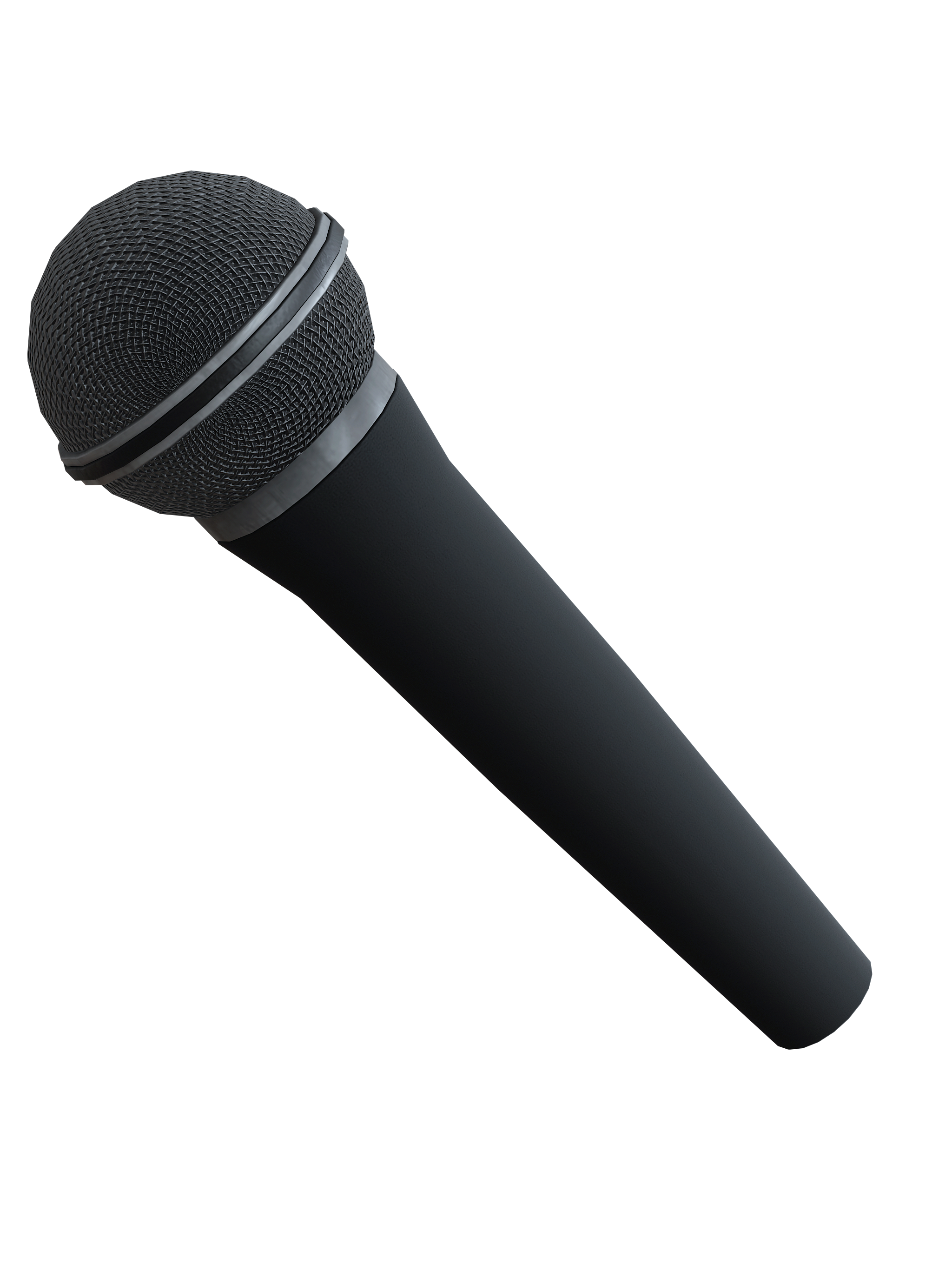 Close-up of a black handheld microphone with a metal grille against a transparent background.
