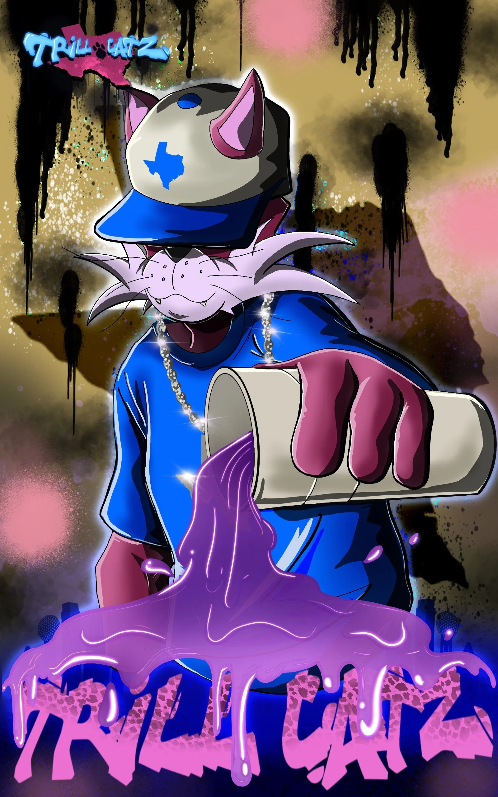 Illustration of a cartoon cat  character wearing a blue shirt  chains, and a cap with a Texas emblem. The cat is pouring  purple liquid from a cup, with graffiti-style text reading 'Trill Catz' in the background.